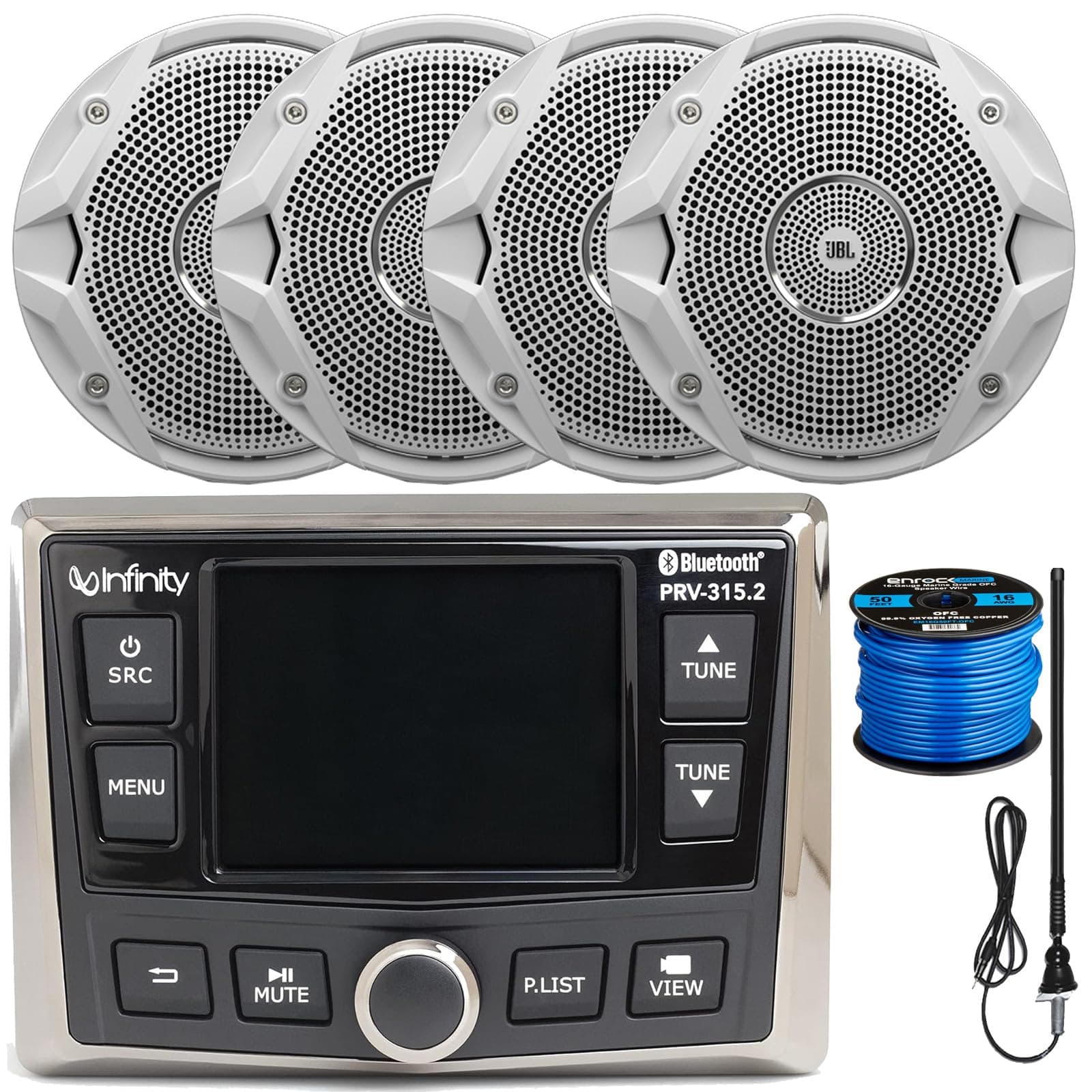Infinity PRV-315.2 Marine Gauge Hole Mount USB Bluetooth AM/FM/WB Radio Receiver Bundle Combo 4X 6.5 Inch 150-Watt Dual-Cone Boat Speakers + Radio Antenna + 50 Foot 16-Gauge Speaker Wire