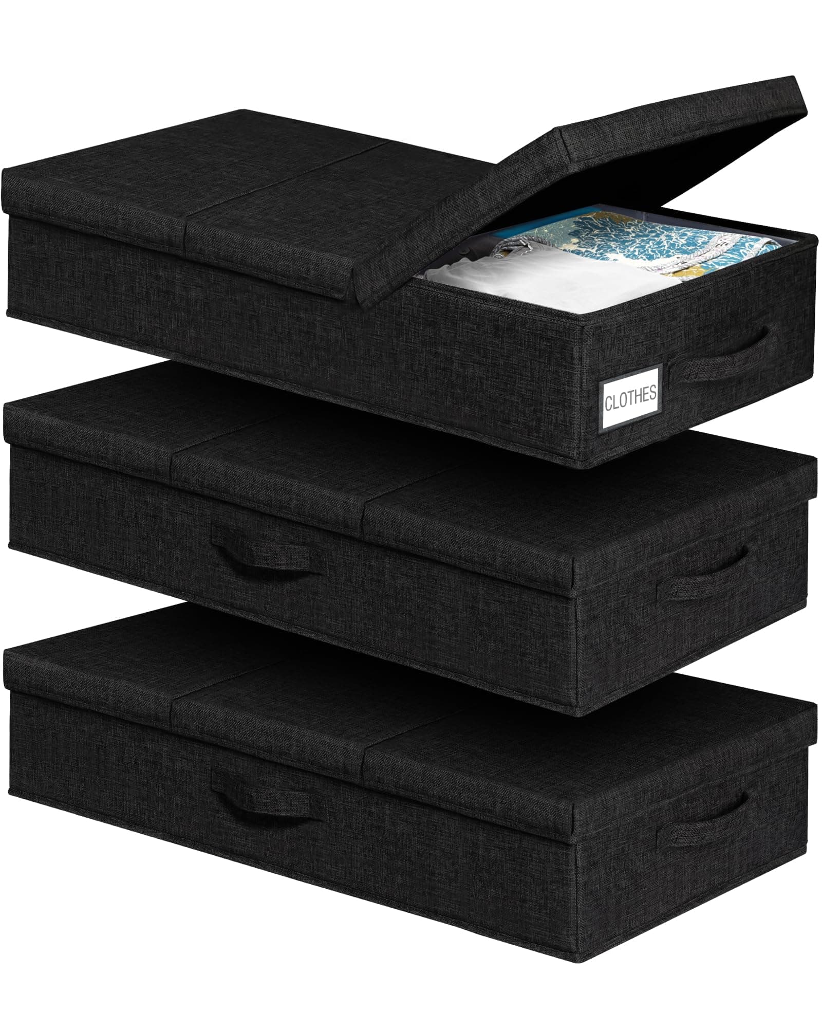 mepure 3 Pack Under Bed Storage Box with Lid, Sturdy Side & Bottom Support Underbed Storage, Foldable & Stackable Storage Boxes，Clothes, Bedding, Wardrobe Organiser,79x40x15cm, Black