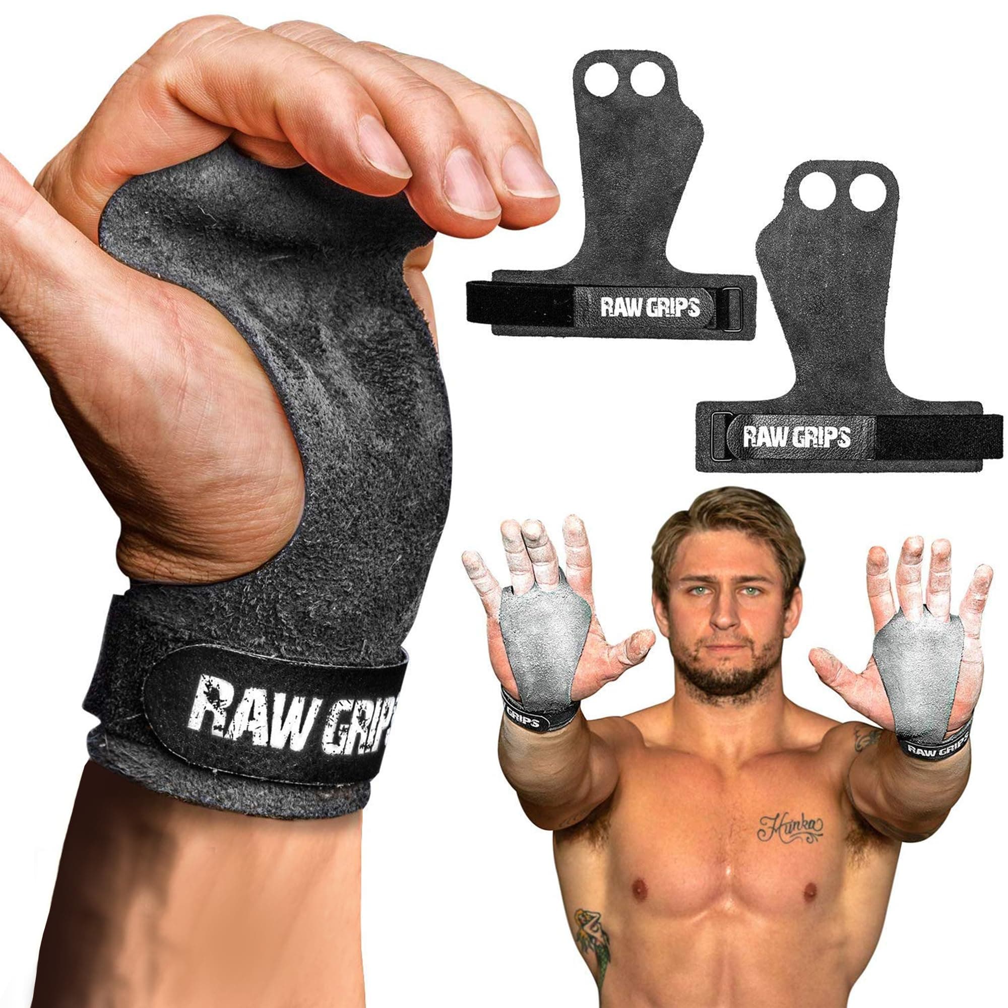 Raw Grips 3.0, 2 Finger Leather Gymnastics Grips - Pull Up Grips for Cross Training Hand Protection - Hand Grips for Gymnastics Bars, Palm Guards for Athletes to Prevent Rips and Blisters