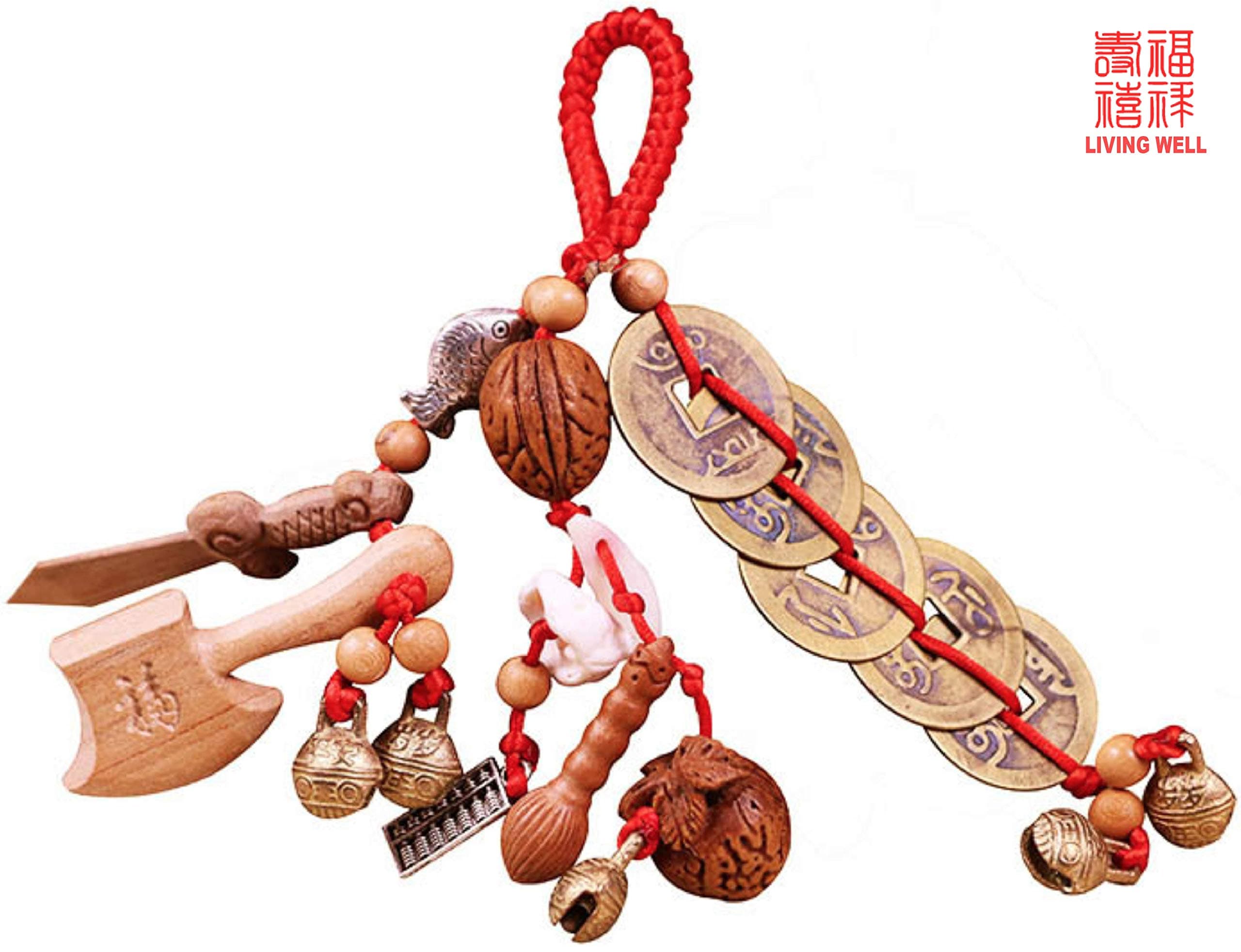 Living Well Feng Shui Protection Amulet - Peach Wood Sword and Axe, Pig Ear Bone, and Dog Tooth Pendant (Basic) 护身符 桃木剑 辟邪 转运 (Peach Wood Sword)