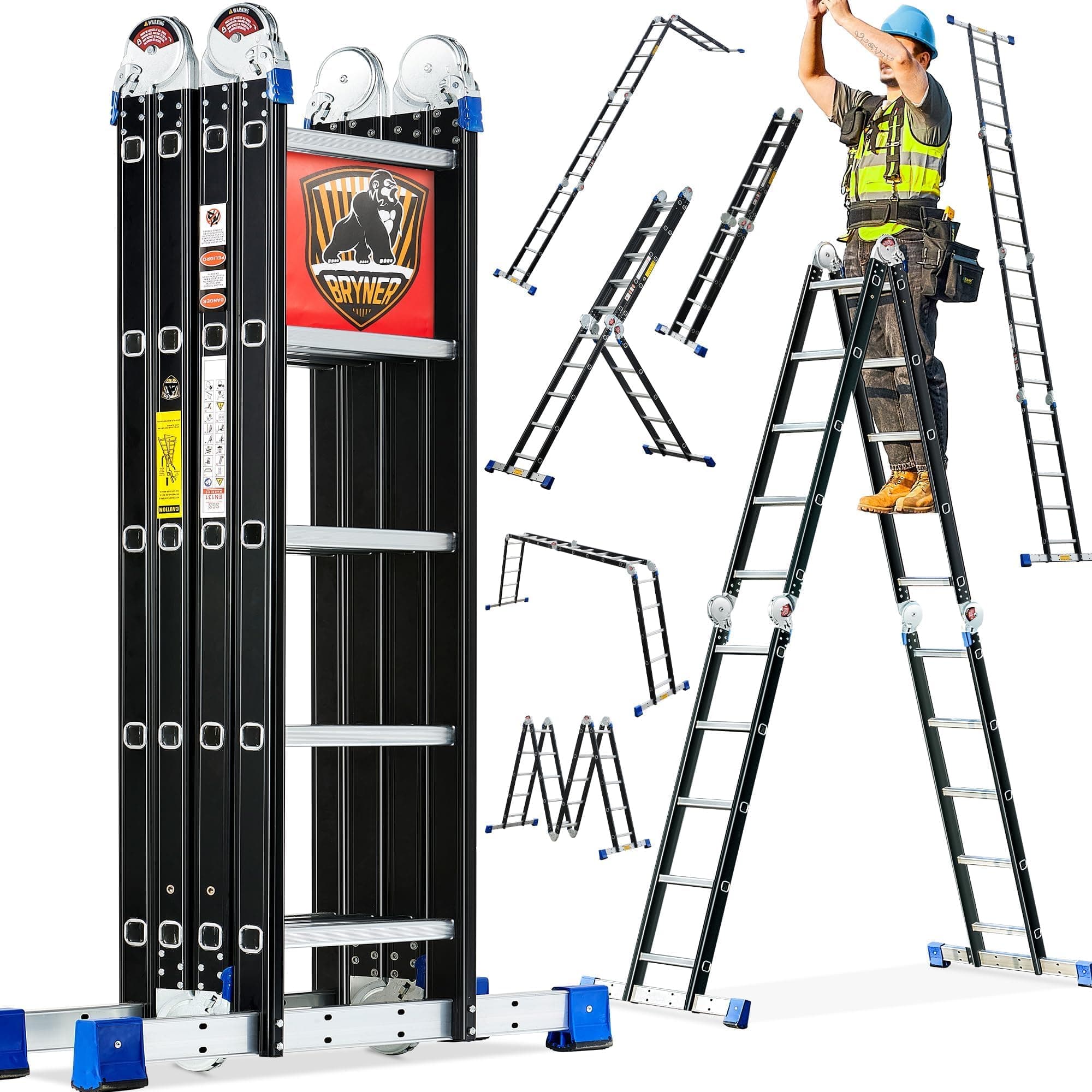 Bryner Step Folding Ladder 19.6ft Multi-Purpose Aluminium Extension Ladders, 7 in 1 Folding Adjustable Telescoping Step Ladder 330lbs