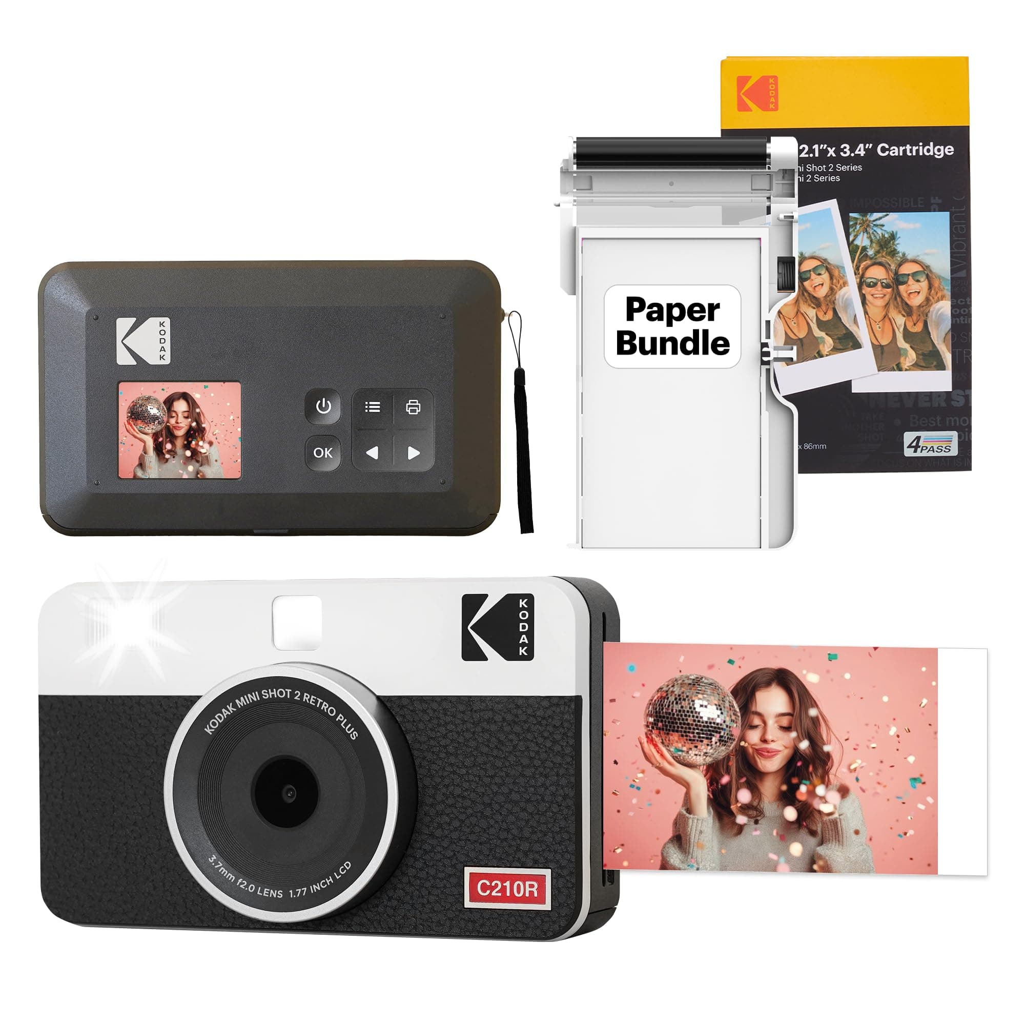 Kodak Mini Shot 2 Retro 4PASS Instant Camera and Portable Photo Printer 2-in-1, 5.3×8.6 Centimeters Instant Prints, 38 Sheet Bundle, White