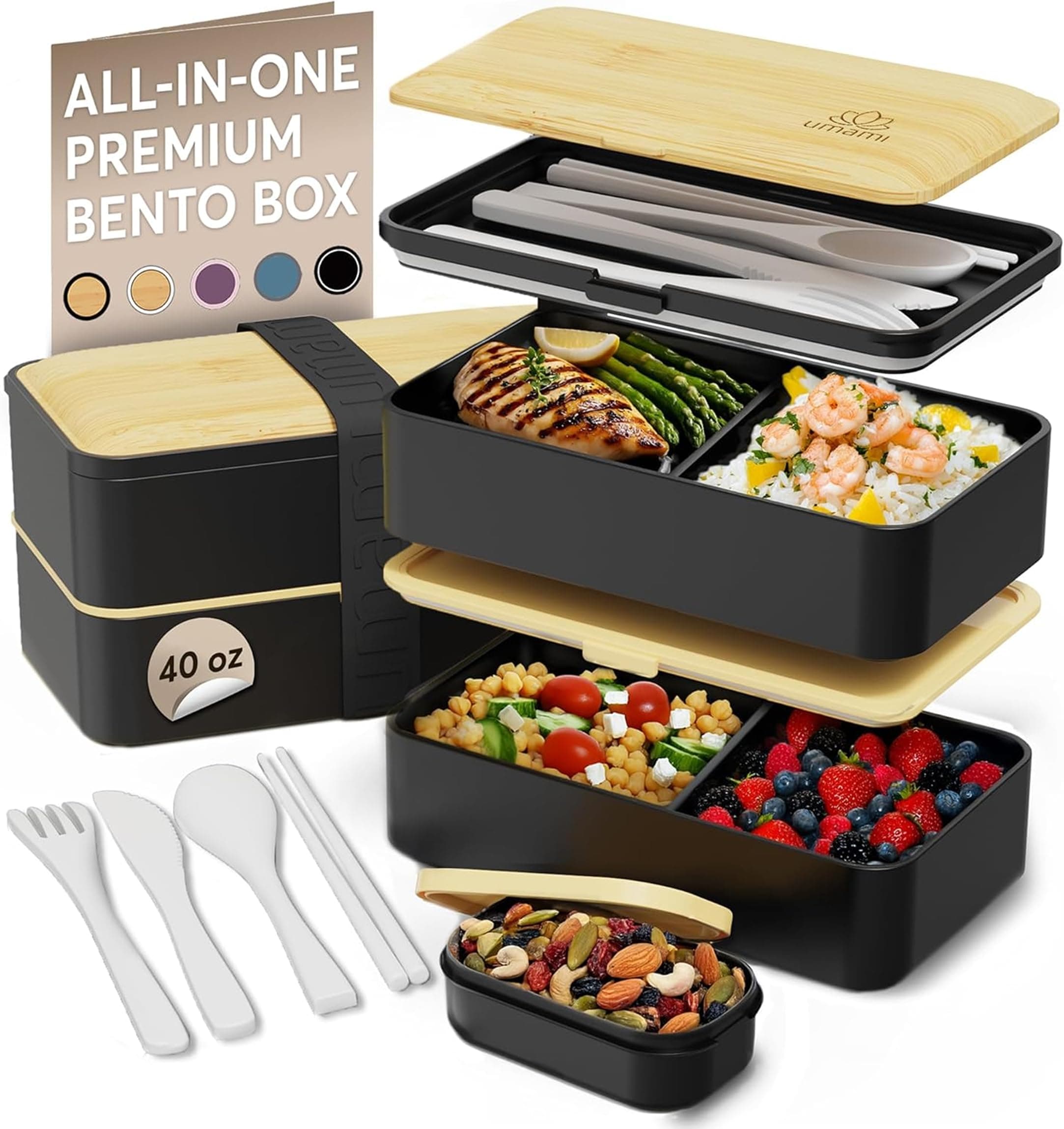 Umami Bento Box Adult All-In-1 w/ 4 Utensils 100% Leakproof, Microwave & Dishwasher Safe Lunch Containers for Adults w/ 4 Compartments, Bento Lunch Box Containers w/Premium Real Bamboo Lid