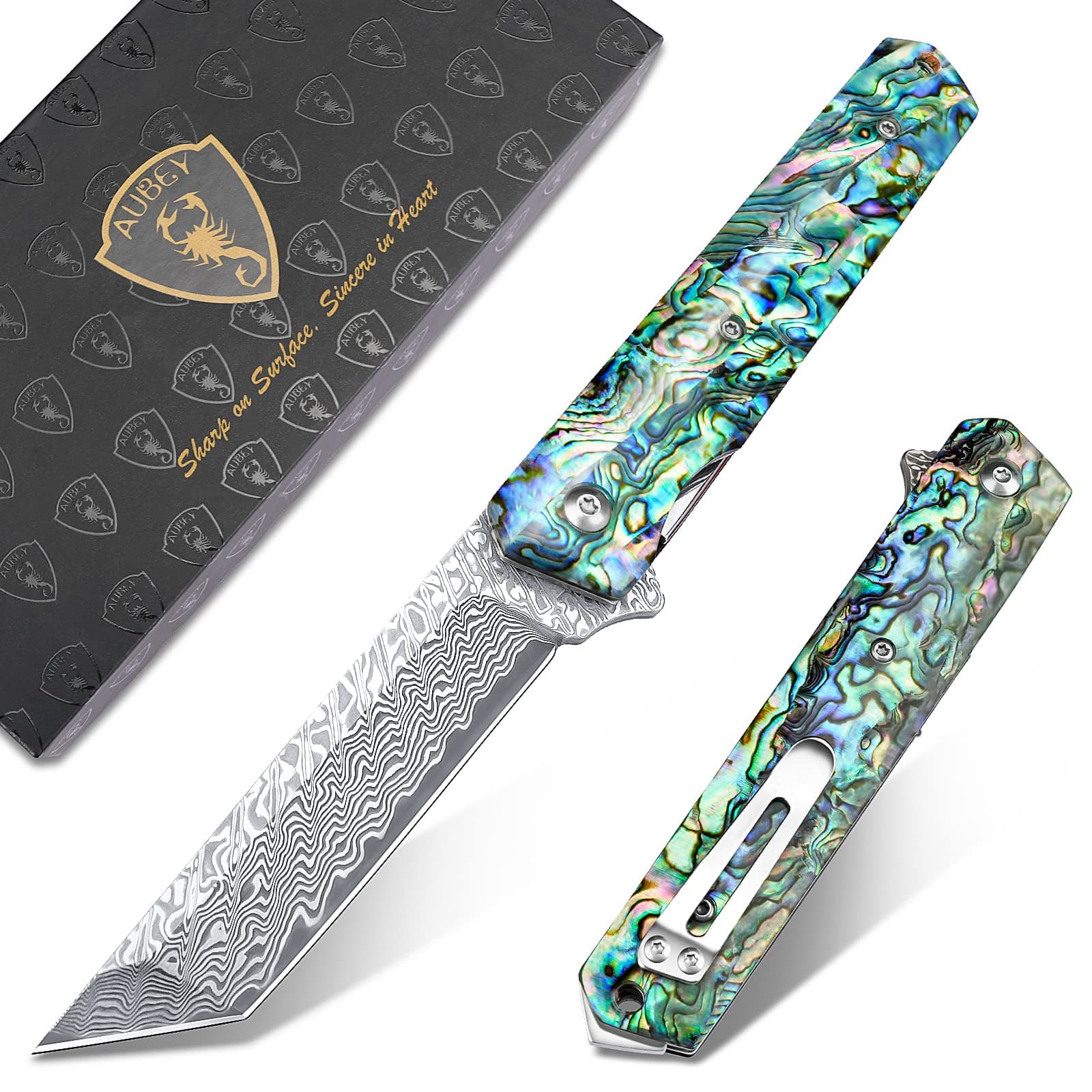 Damascus Pocket Knife with Clip, Sharp Tanto Blade with VG10 Core Folding Knife with Abalone Shell Handle and Glass Breaker, EDC Camping Knife for Gift Survival Collection
