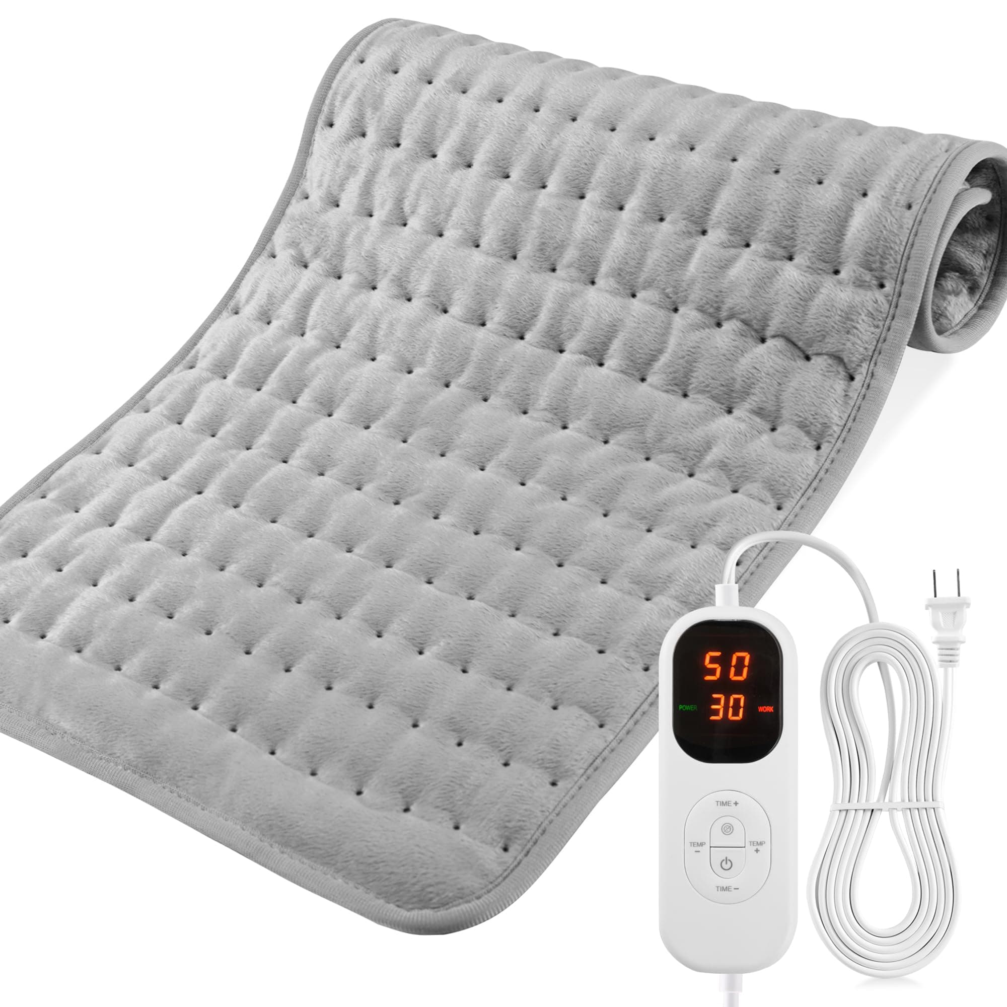 Electric Heating Pad for Relieving Pain and Cramps, 43 x 84cm Fast Heater Pad, 5 Heating Temperature Settings, 4 Timer Settings, Auto Shut Off, Machine Washable (Silver Grey)