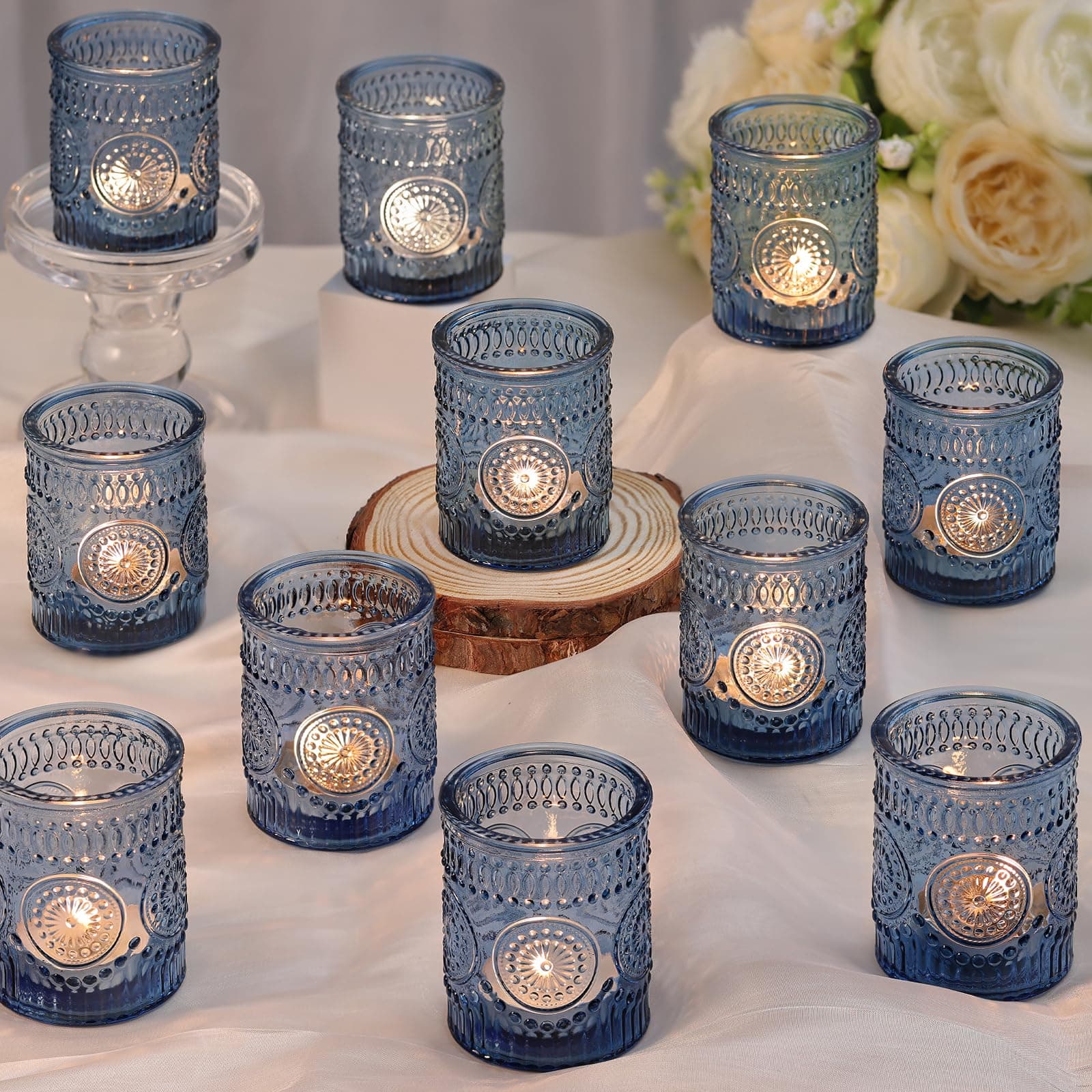 DARJENBlue Votive Candle Holders Set of 36- Glass Candle Holders Bulk for Tea Light Candle, Embossed Candle Votives for Wedding Centerpiece, Living Room & Home Table Decor
