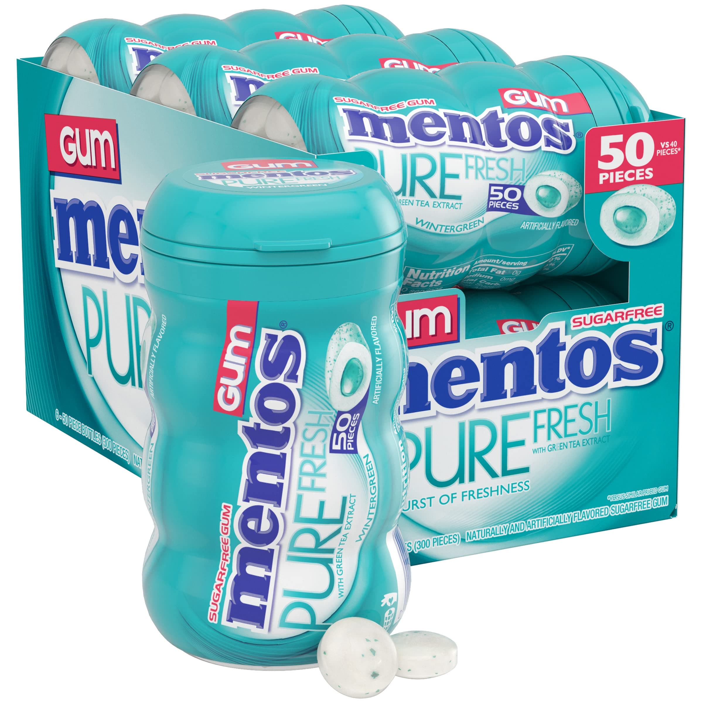 Mentos Pure Fresh Sugar-Free Chewing Gum with Xylitol, Wintergreen, Bulk, 50 Count (Pack of 6)