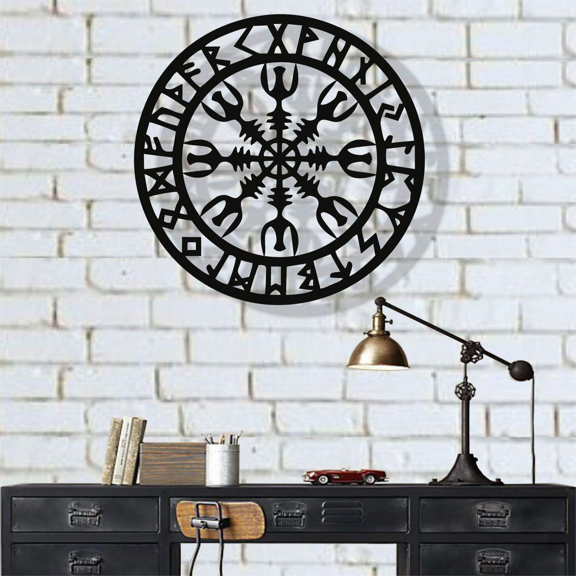 DEKADRONMetal Wall Art, Metal Viking Decor, Nordic Mythology Vegvisir Runes and Symbols, Metal Wall Decor, Home Decor, Interior Decoration (18" W x 18" H / 45x45 cm)