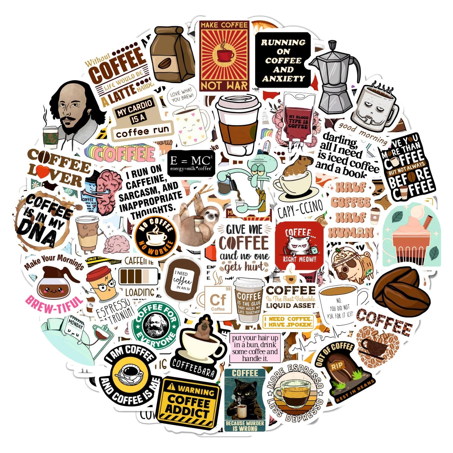 BulbaCraft 100Pcs Funny Coffee Stickers for Planner, Coffee Funny Quote Decals for Laptop, Scrapbook & Water Bottles, Funny Coffee Gifts for Men & Women, Coffee Lover Gifts for Him