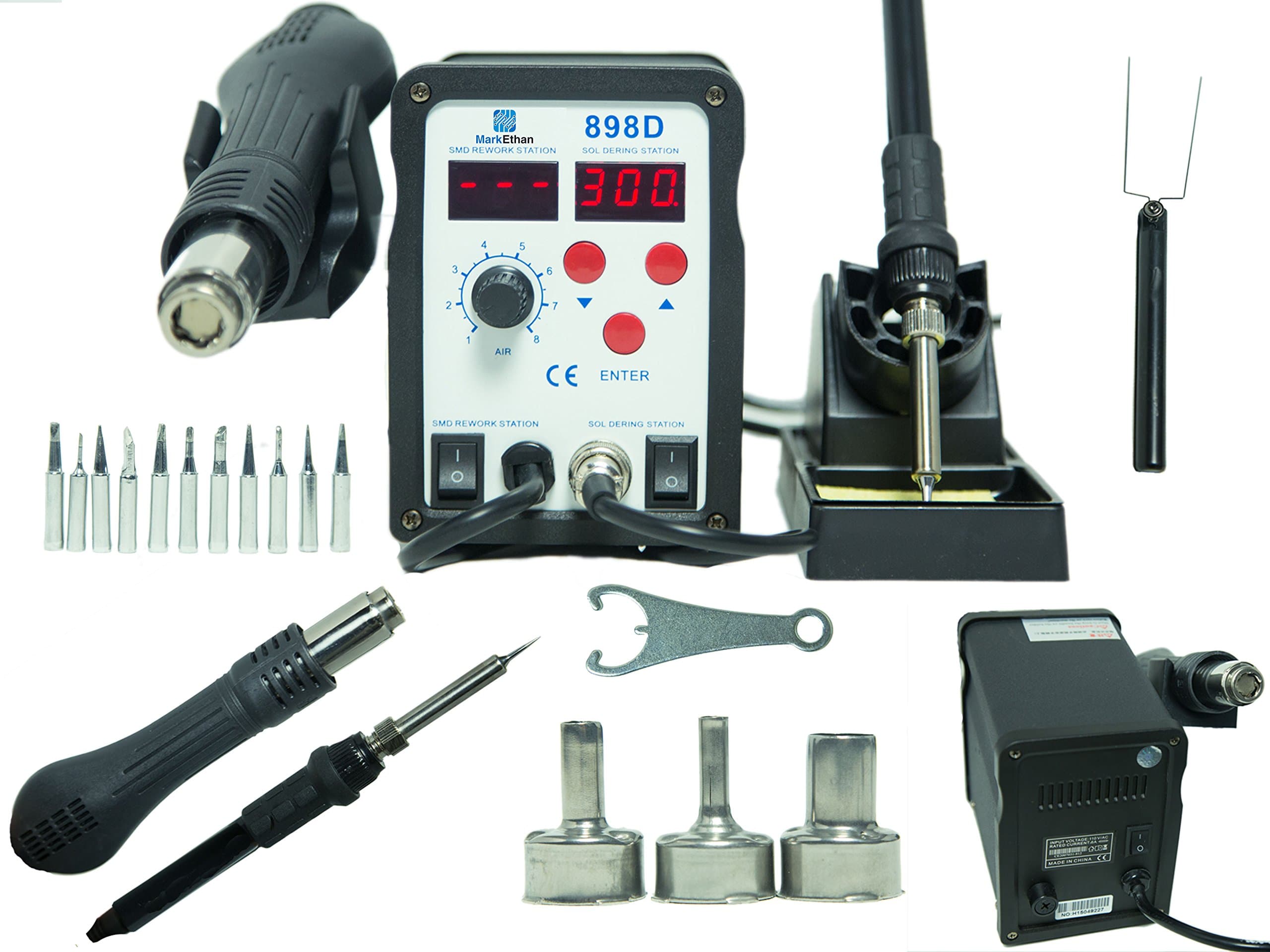 2-in-1 SMD Hot Air Rework Station & Soldering Iron w/ 11 Tips, 3 Nozzles LED Screen Professional 898D
