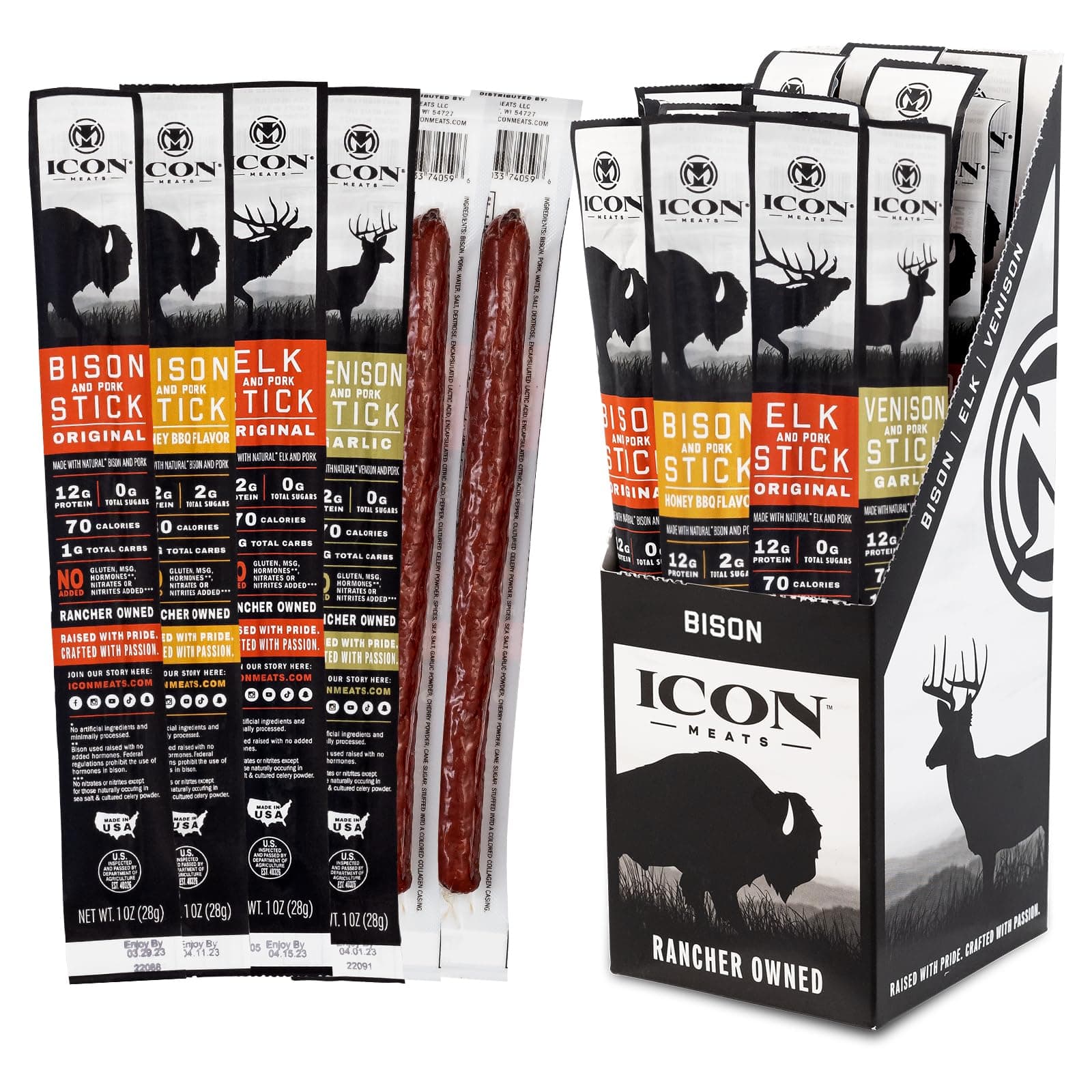 - ICON Meats Snack Sticks Sampler, 24 Pack High Protein Snacks, Assorted Bison, Elk, Venison & Pork Individually Wrapped Meat Sticks 6 Per Flavor, Gluten Free, Low Sugar, Gifts for Him