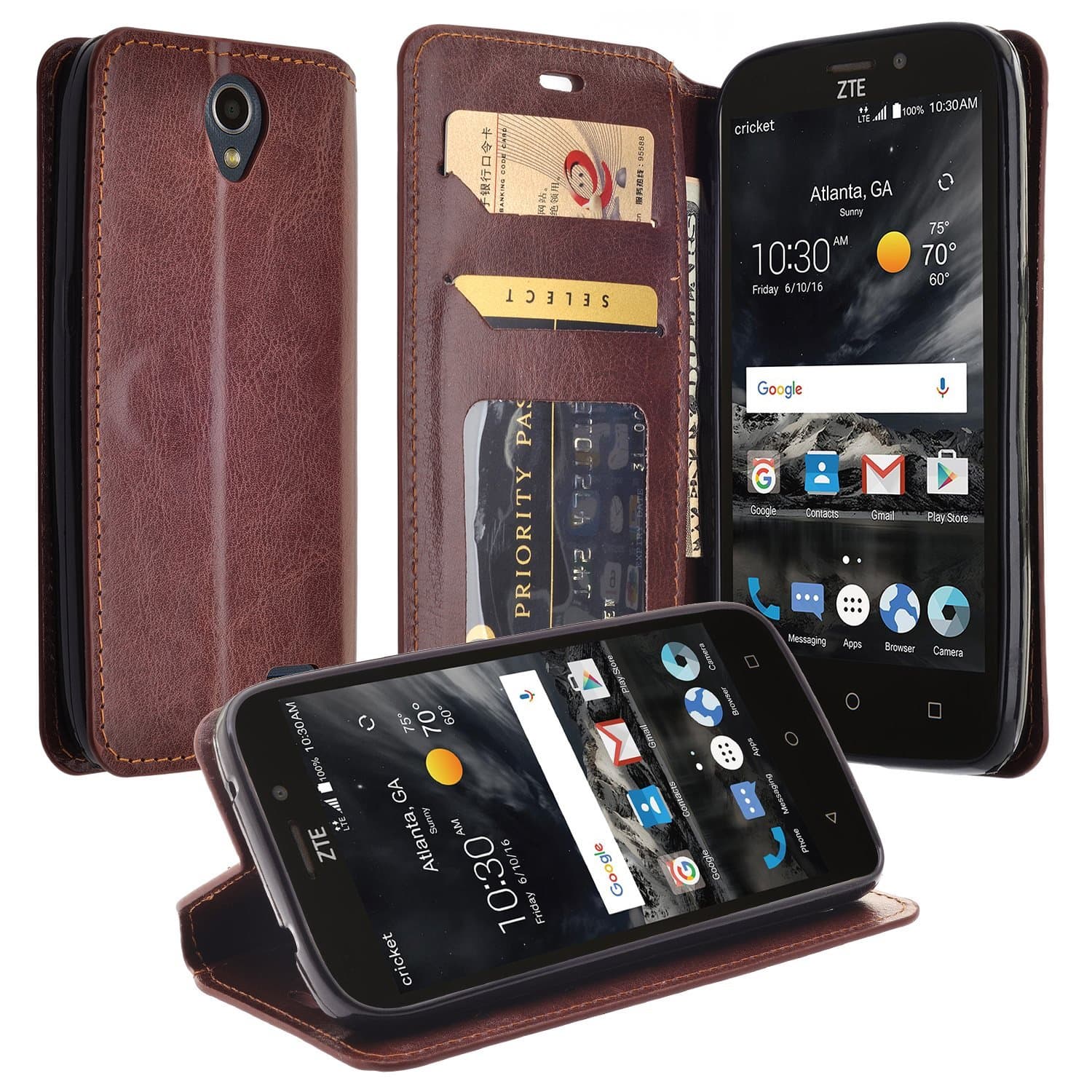 Compatible for ZTE Prestige 2 Case, ZTE ZFive 2 Case, ZTE Midnight Pro Case, ZTE Maven 2, Sonata 3 / Avid Trio / Cheers Flip Folio [Kickstand] Pu Leather Wallet Case with ID&Credit Card Slot - Brown