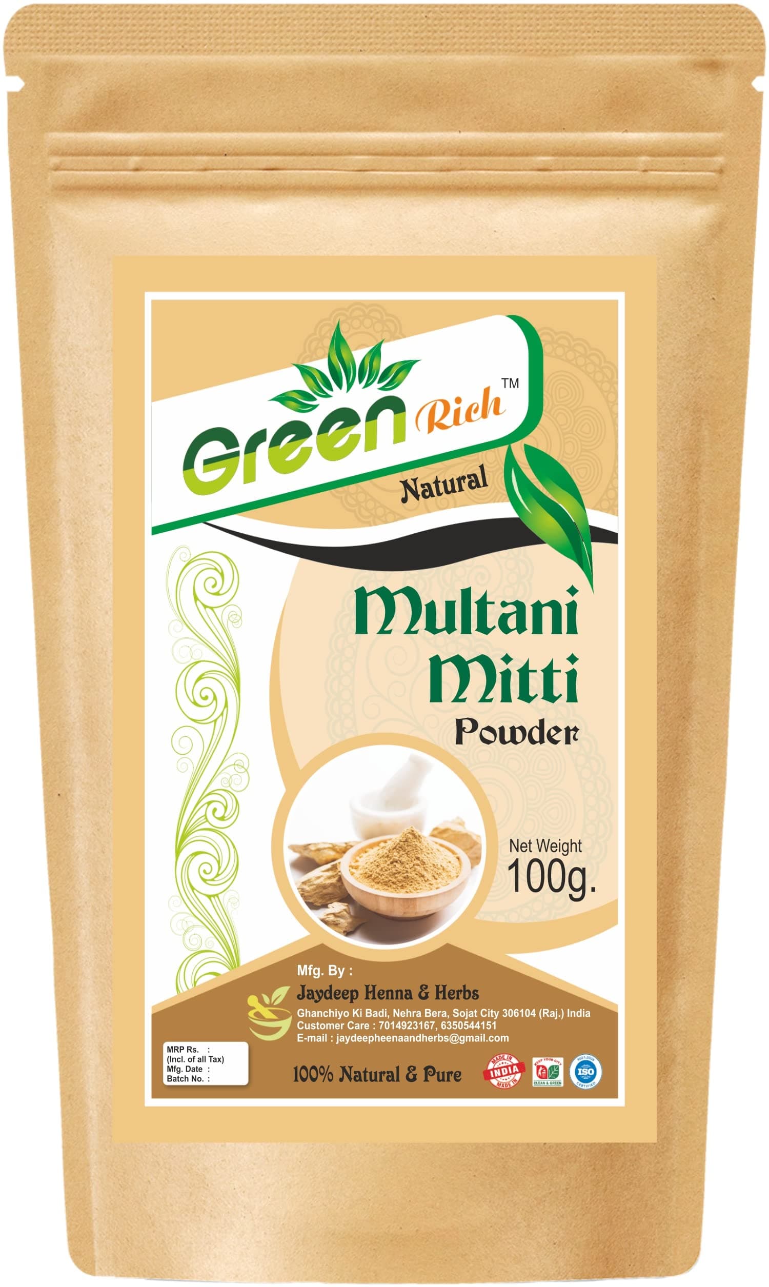 GREEN RICH 100% Natural Multani Mitti powder for Face Pack | Fuller's Earth, Bentonite Clay (100)