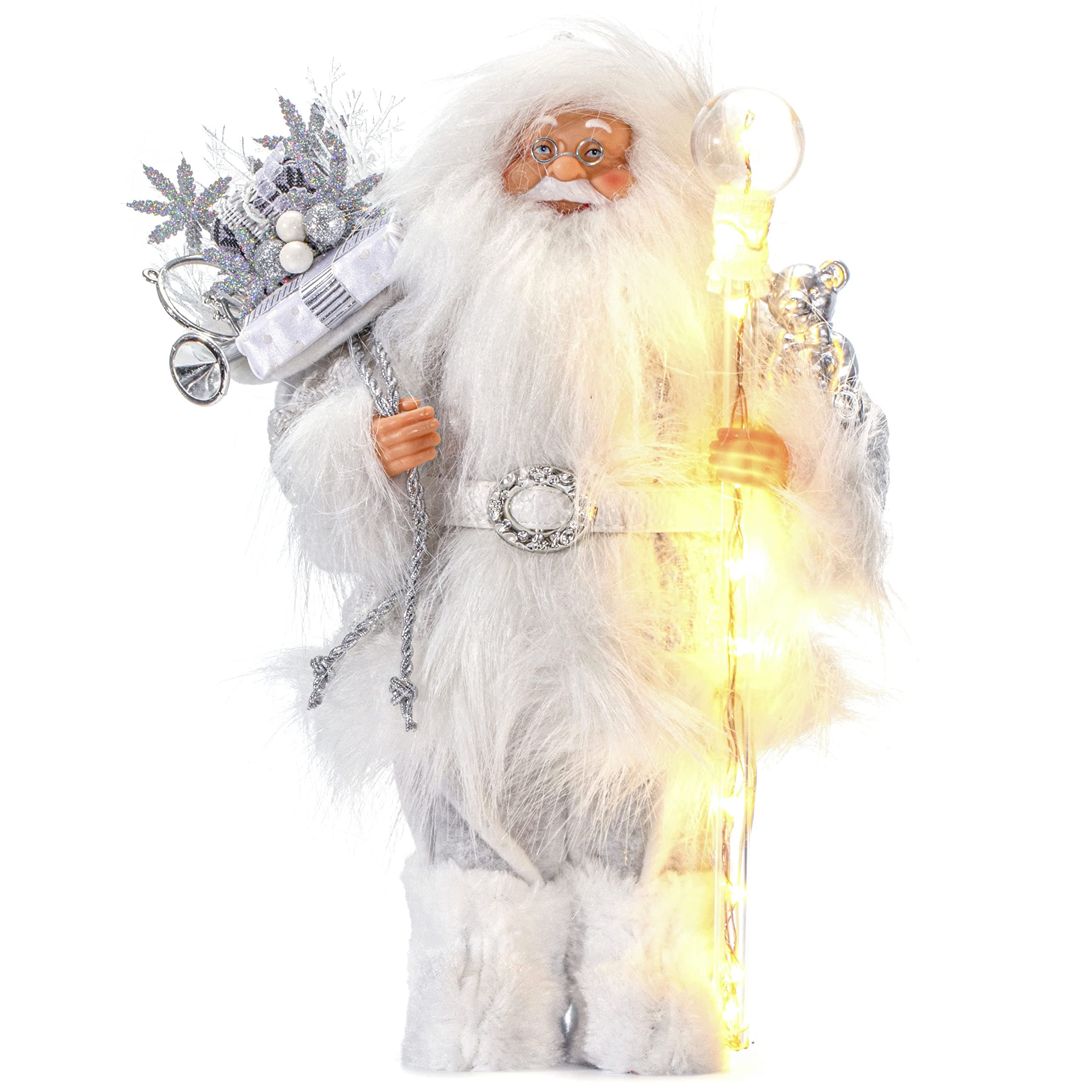 Toiyason 13.8inch Santa Claus Figurines with Lighting Walking Stick，Christmas Standing Santa Figure Decorations Gift for Xmas Outdoor Indoor Home Office Ornaments,White&Silver