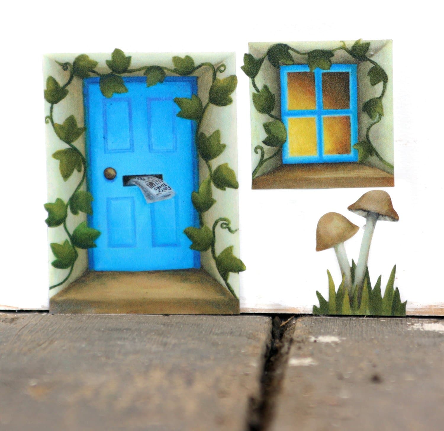 Blue Fairy Door Wall Sticker/Decal with Ivy and Mushrooms Mini Mural