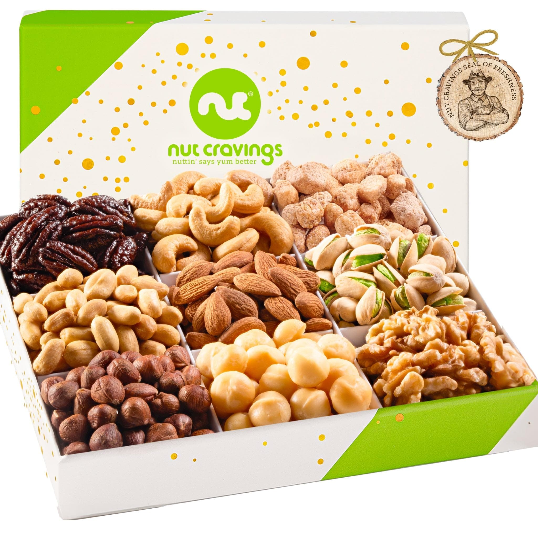 NUT CRAVINGS - Easter Mixed Nuts Gift Basket in White Gold Box (9 Assortments) Treats for Adults, Food Arrangement, Healthy Snack Care Package, Kosher