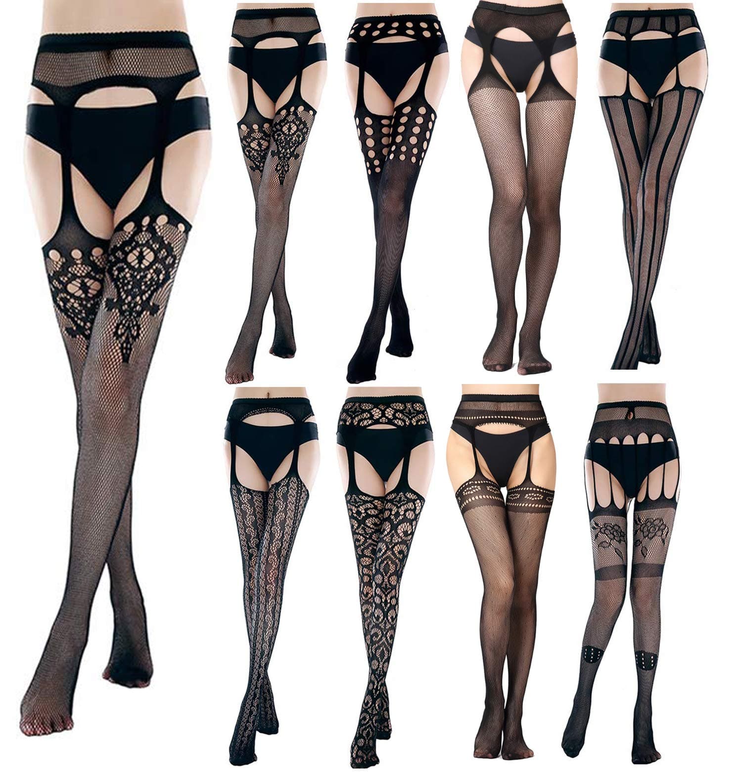 4-8 Pairs Womens Fishnet Tights Suspender Pantyhose Thigh-High Stockings Black