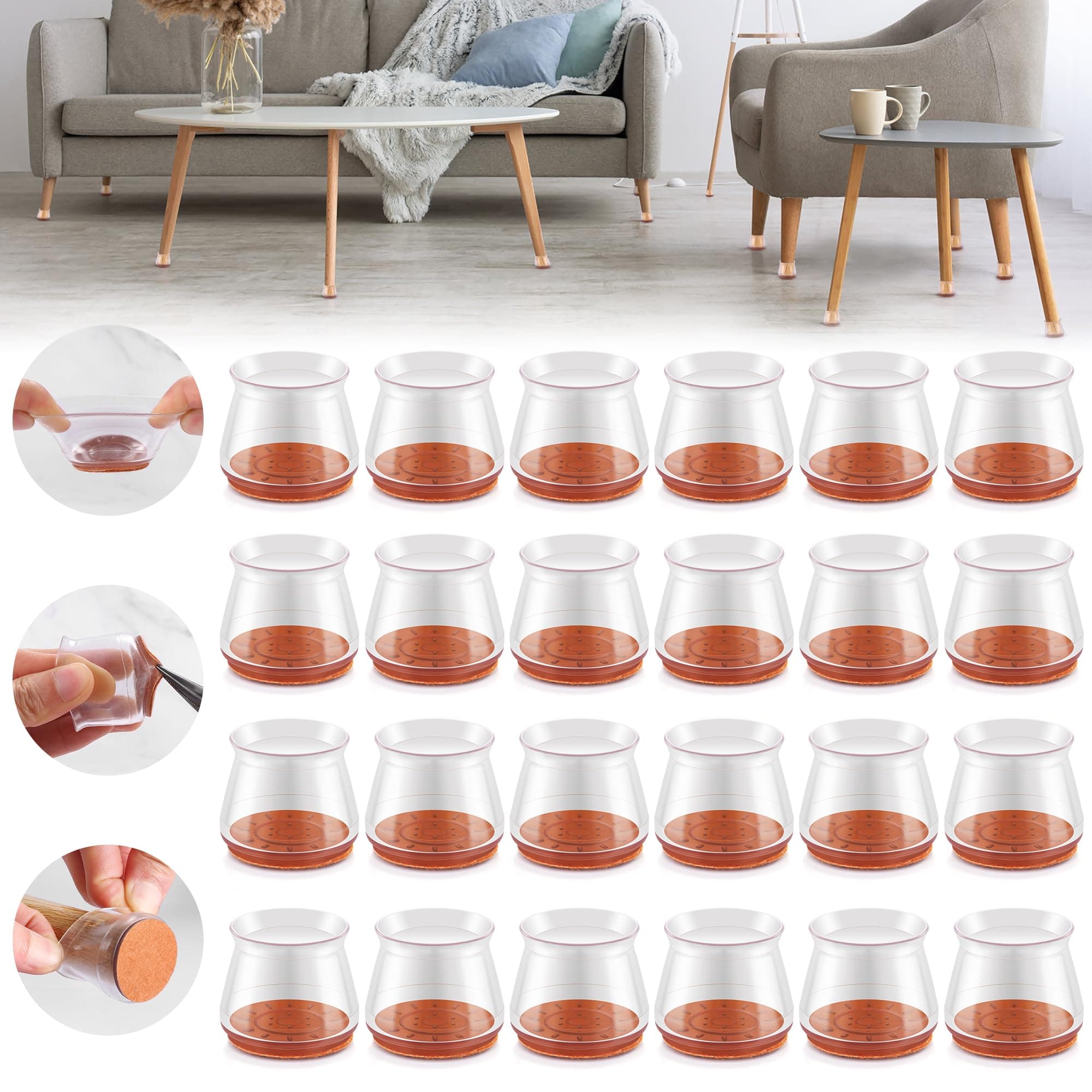 - Upgraded Silicone Chair Leg Floor Protectors for Hardwood Floors, Furniture Sliders, Felt Bottom Furniture Pads, Round&Square Cap Covers to Scratch and Reduce Noise, Transparent, 24pcs