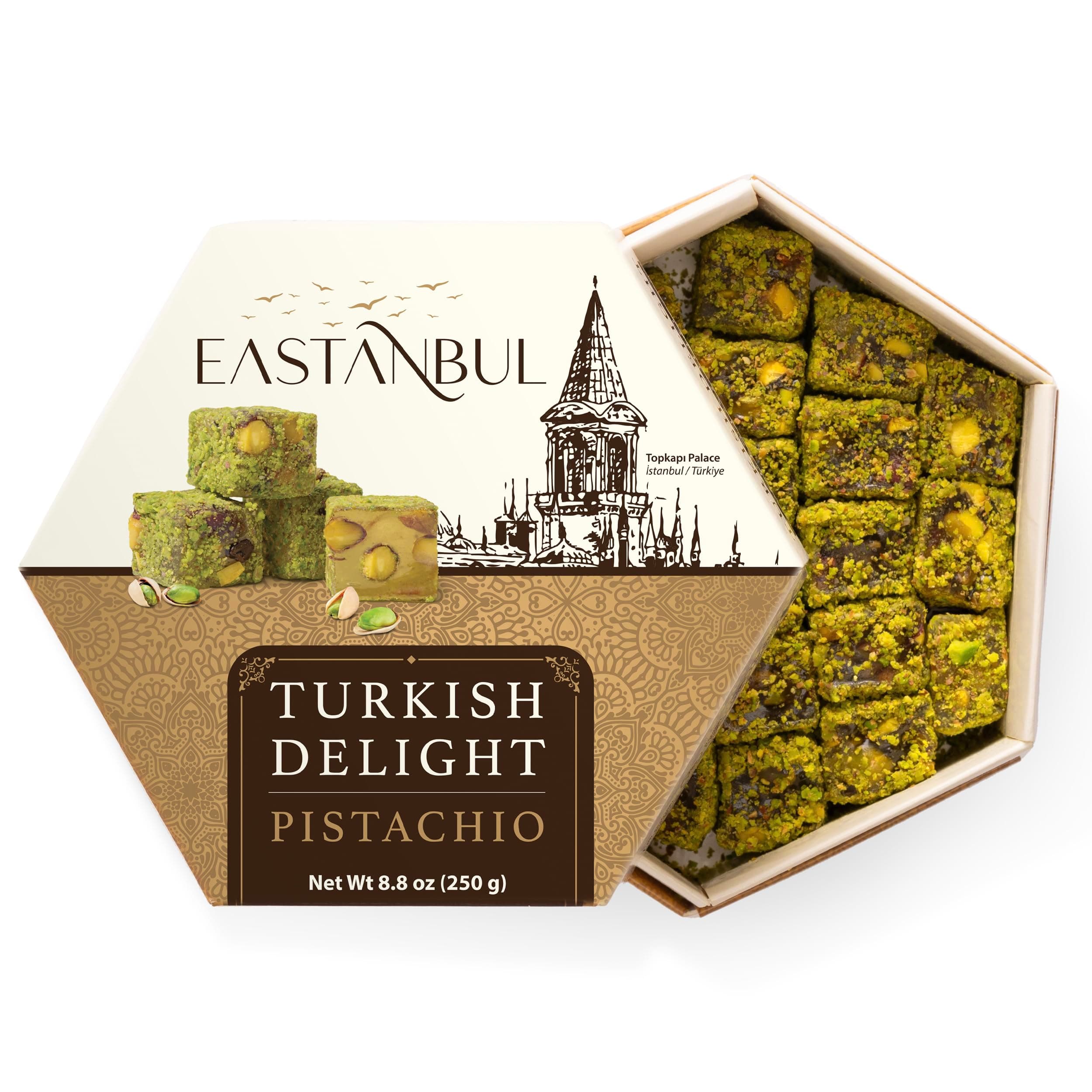 Eastanbul Turkish Delight Pistachio, 8.8oz, Turkish Delights Candy, Gourmet & Double Roasted Pistachios Filled, Rich Nuts Content, Lokum, Loukoumi, Vegan Gifts, Gluten Free, No Synthetic Ingredient