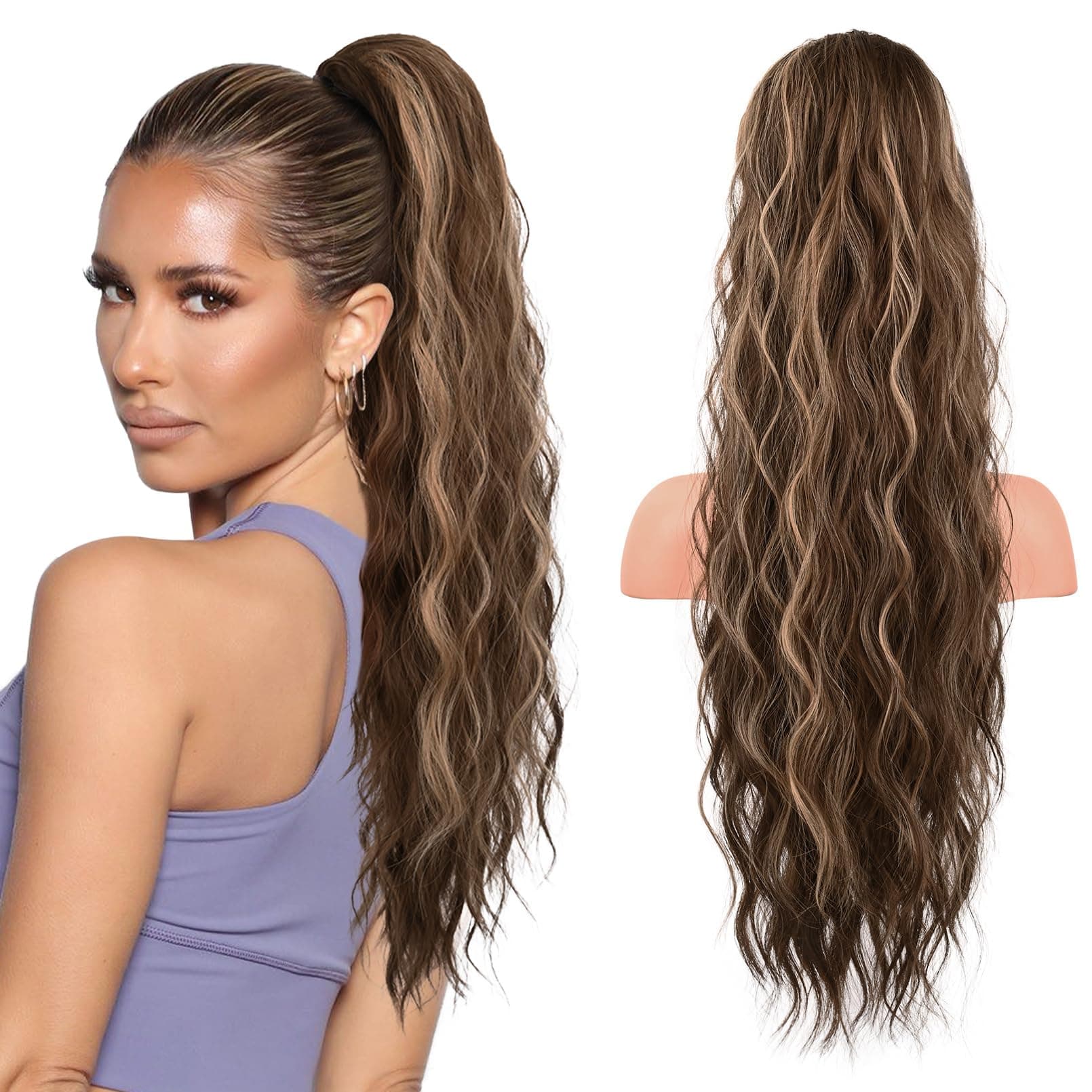 FLUFYMOOZ Ponytail Extension, 26 Inch Drawstring Ponytail Hair Extensions for Women， Long Curly Wavy Ponytail Natural Synthetic Hairpiece for Women (26" Deep Brown with Dirty Blonde)