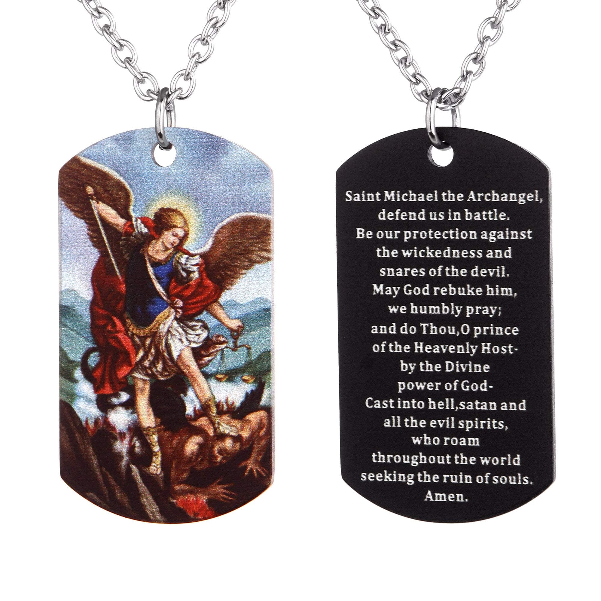 FAYERXL St Michael the Archangel LATIN Prayer Dog Tag Necklace Military Pendant Christian Faith Jewelry (Colorful Saint Michael Archangel)