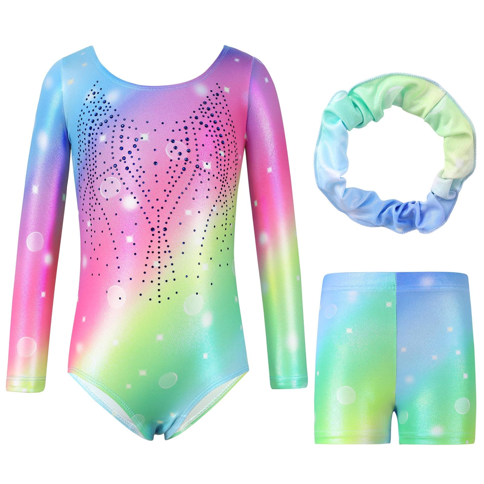 Hovershoes Gymnastics Leotards for Girls Kids Long Sleeve/Sleeveless Sparkle Gymnastics Outfit with Dance Shorts & Hairband Set Athletic Bodysuit Ballet Dancing Leotard