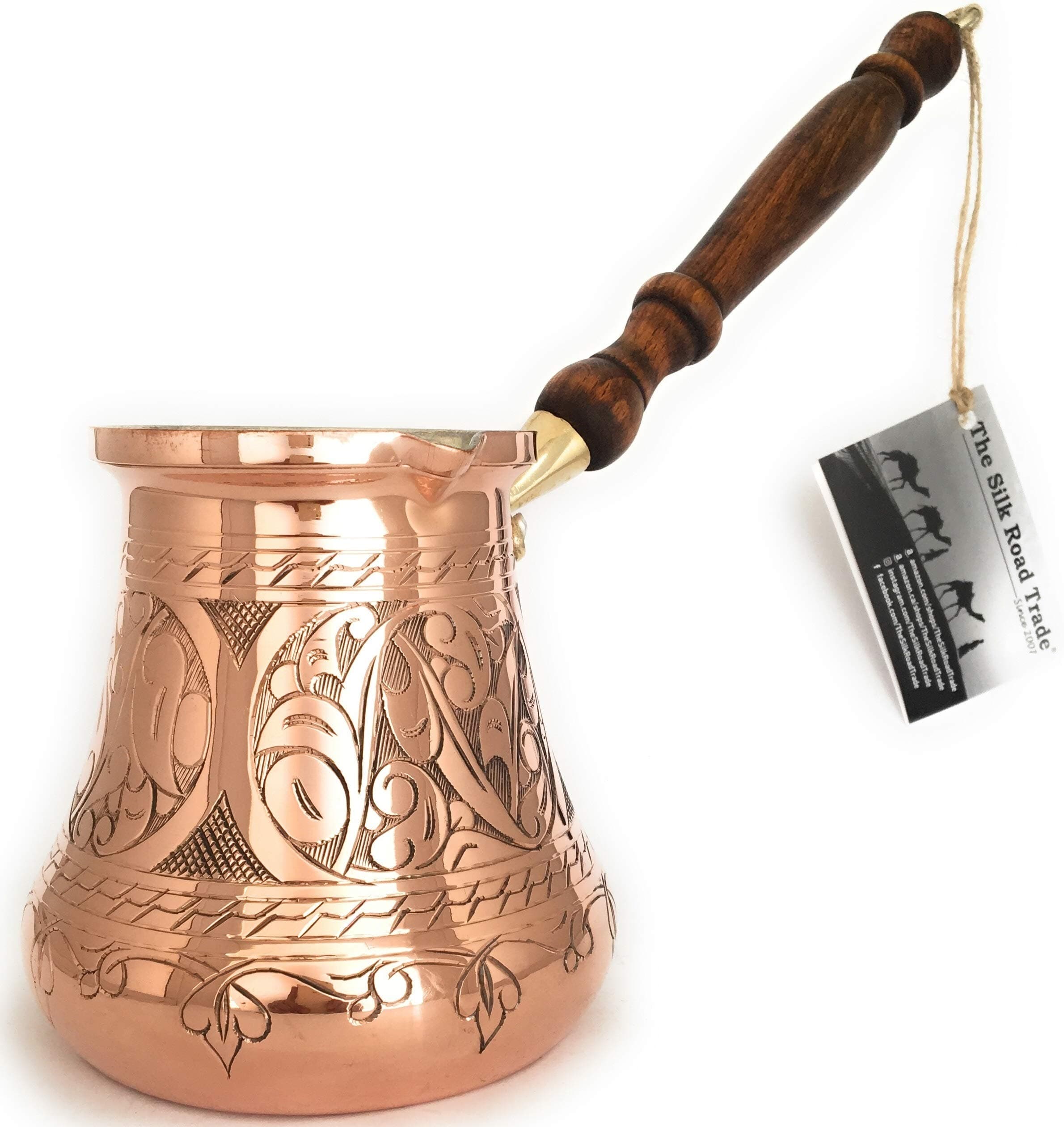 PC Series (XXLarge - 28 fl oz) - Thickest Solid Copper Engraved Turkish Greek Arabic Coffee Pot Wooden Handle Heavy Duty, Stovetop Coffee Maker, Jazzve, Cezve, Ibrik with Hammered Base