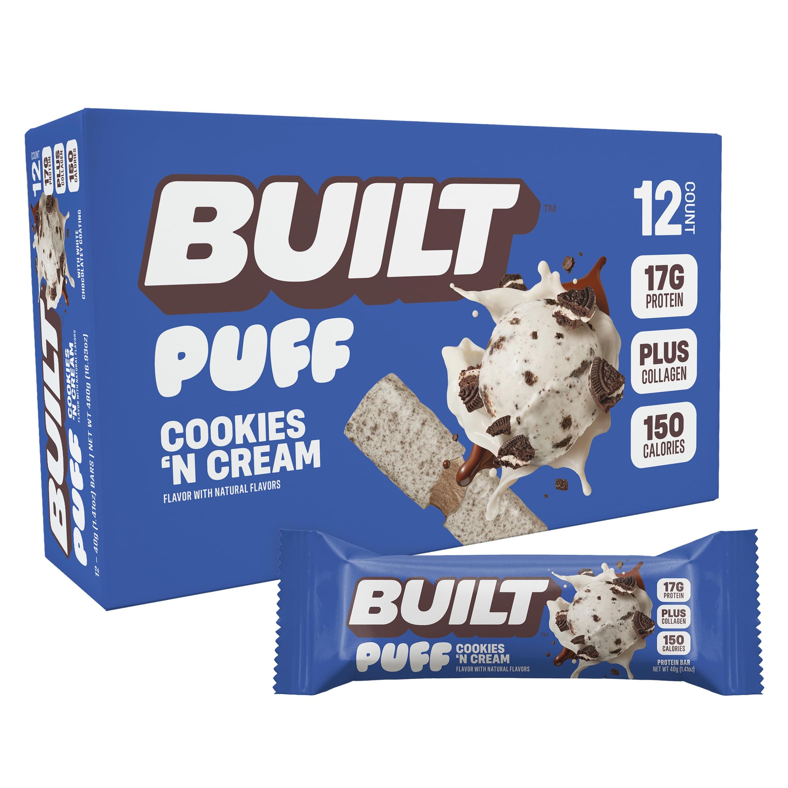 Puff Protein Bars, Cookies 'N Cream Puff, 17g Protein Snacks, On-The-Go Bars, Only 150 Calories, 7g Sugar, Collagen, Not Gluten Free, 12 Count