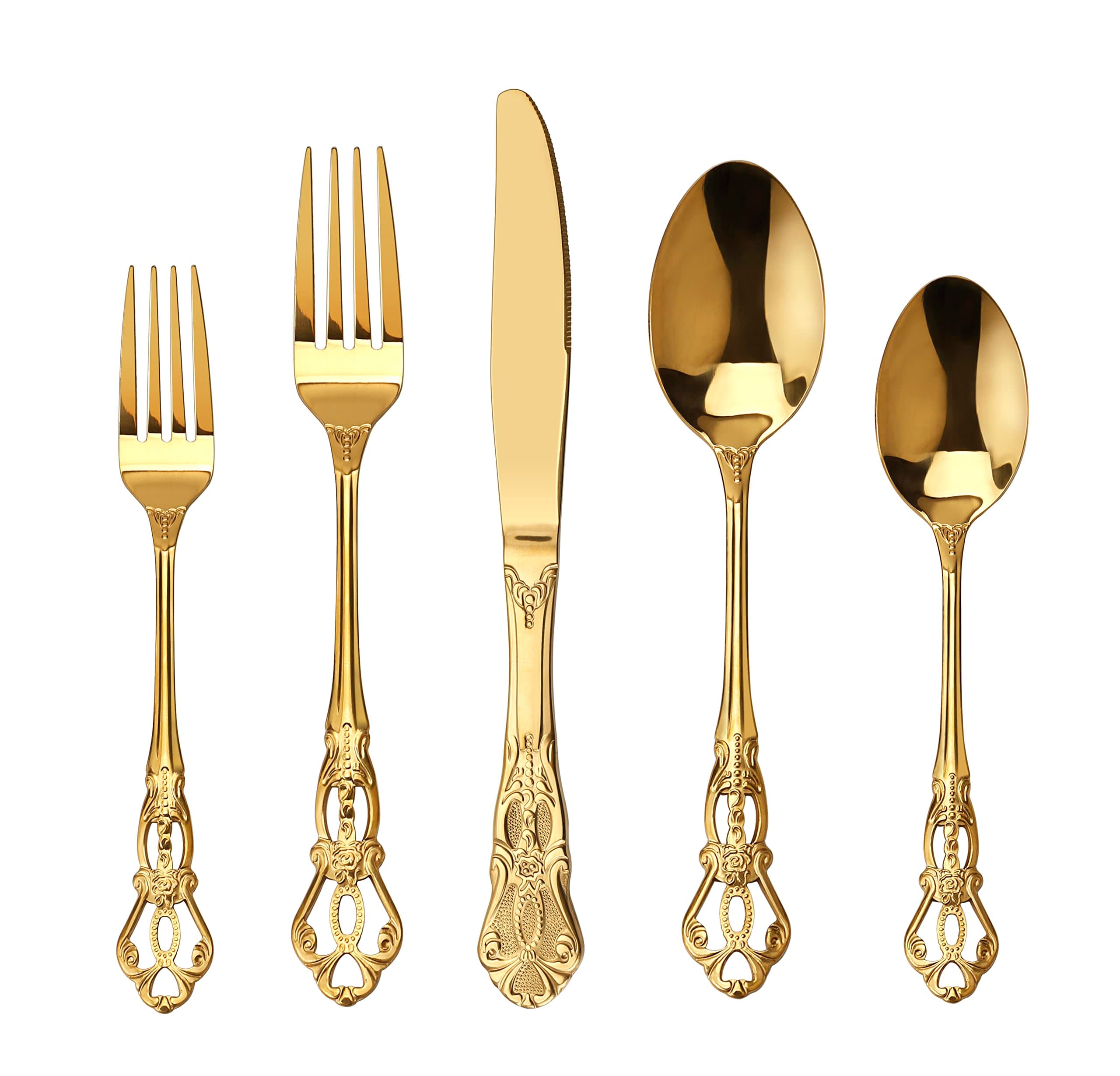 Runfly Gorgeous Retro Royal Gold Stainless Steel 20 Pieces Flatware Set, Golden Silverware Set, Anti-rust Stainless Steel Gold Cutlery Set Utensils Including Fork Spoon and Knife