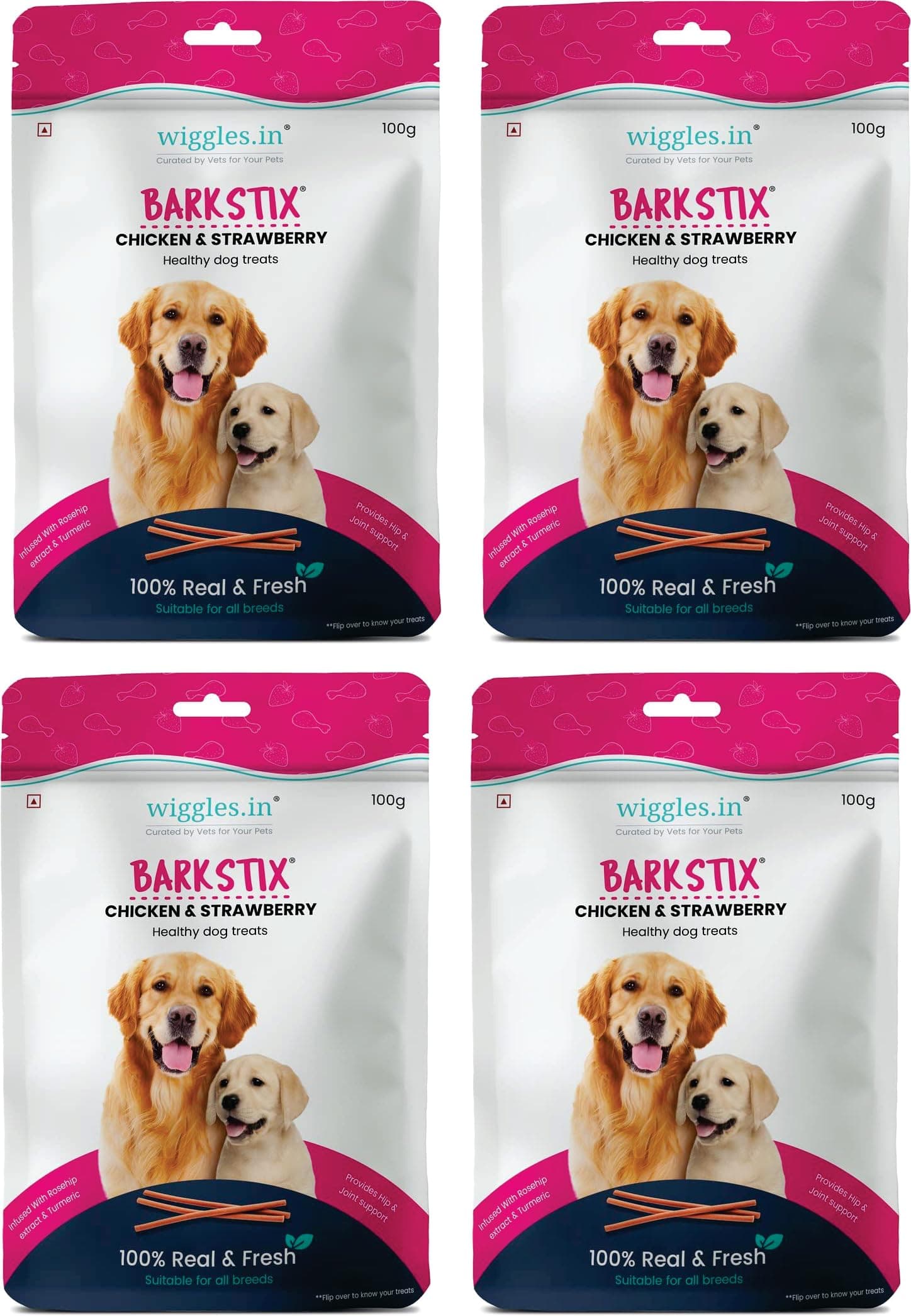 Wigles Barkstix Dog Treats (Chicken & Straw) | Fresh Chicken Soft Chew Sticks for Training Adult Puppies | Provides Hip and Joint Support with Rosehip Extract and Turmeric | for All Breeds Pack 4