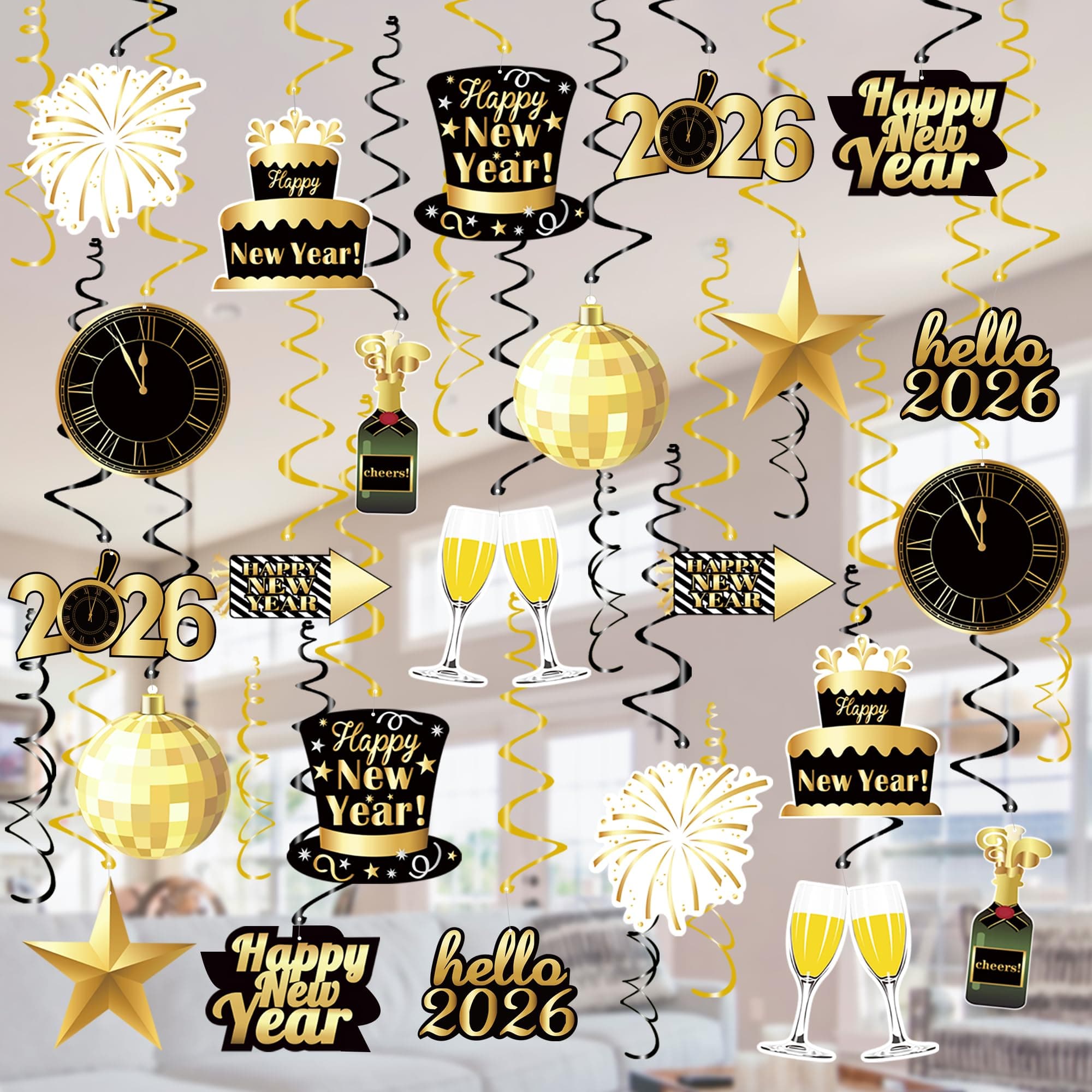 Tifeson 36 Pcs Happy New Year Decorations Hanging Swirls - Happy New Year Decorations 2026 - New Year's Eve Party Decorations Supplies 2026 for Home Office Ceiling (Black and Gold)