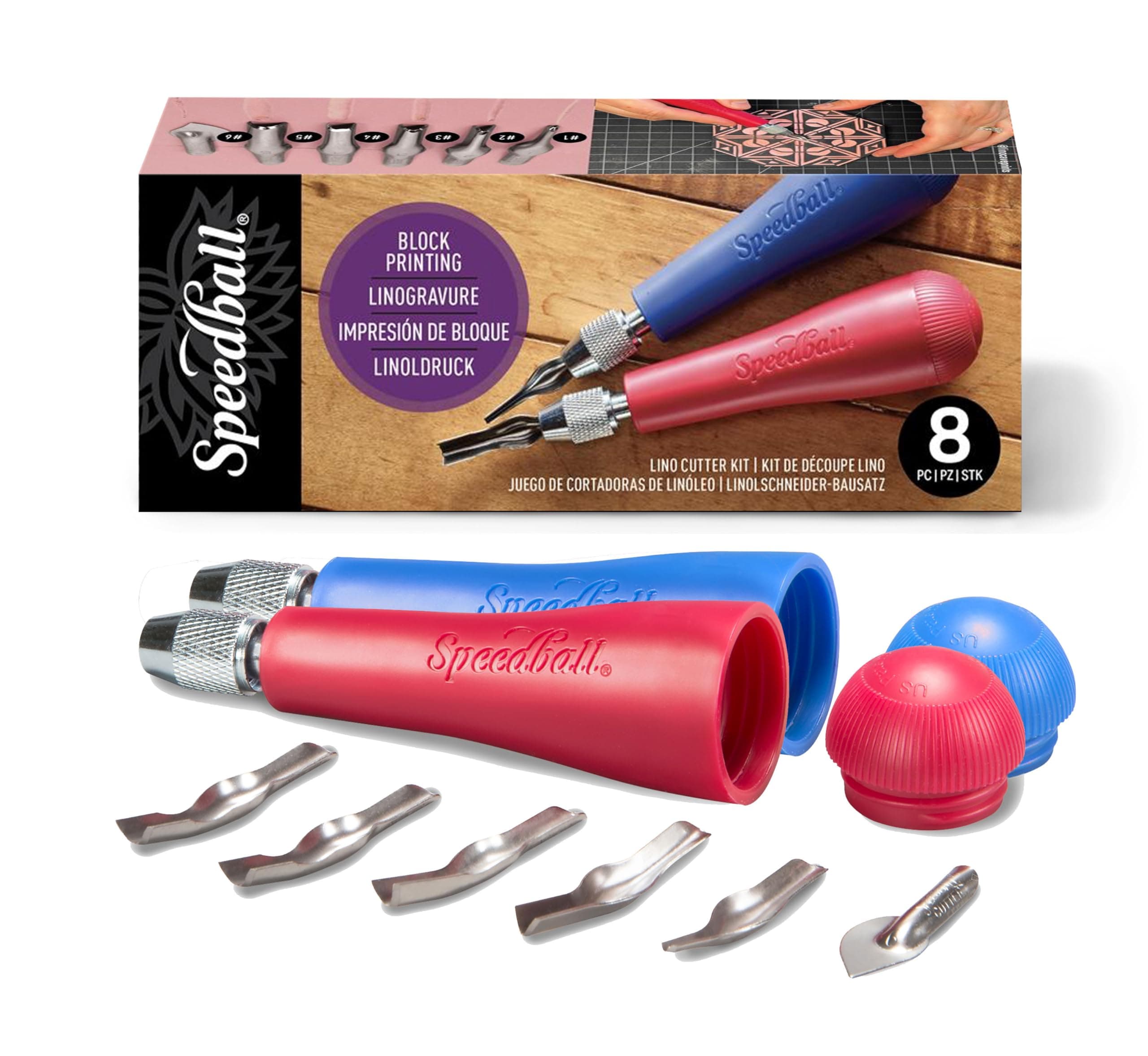 Speedball Linoleum Cutter Kit, 2-Handle Tool Set, Includes 6 Professional Linocut Carving Blades, Made in USA