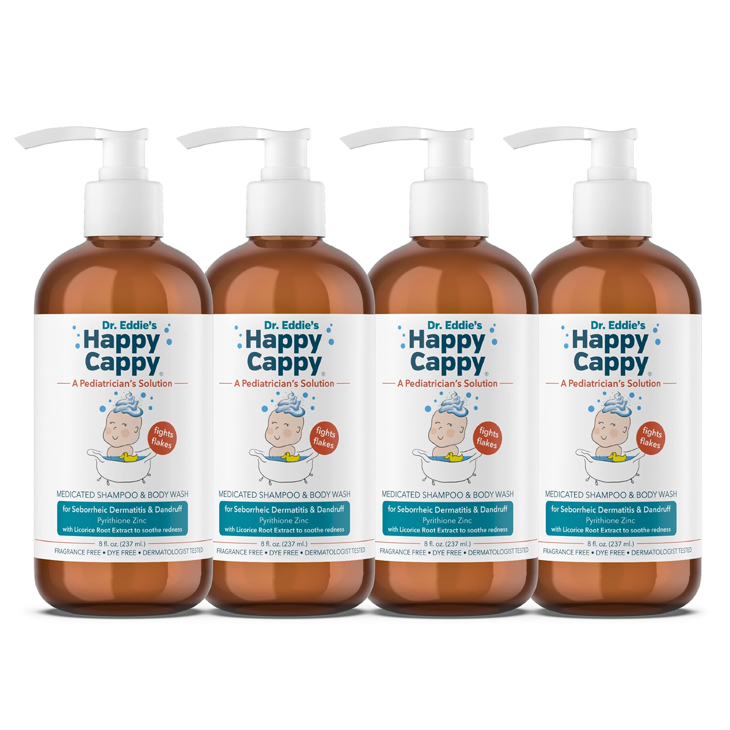 Happy Cappy Medicated Shampoo and Body Wash- Baby Dandruff Shampoo, Helps Cradle Cap and Seborrheic Dermatitis, Reduces Redness, Dermatologist Tested, Fragrance-Free- 8 Fl Oz (Pack of 4)