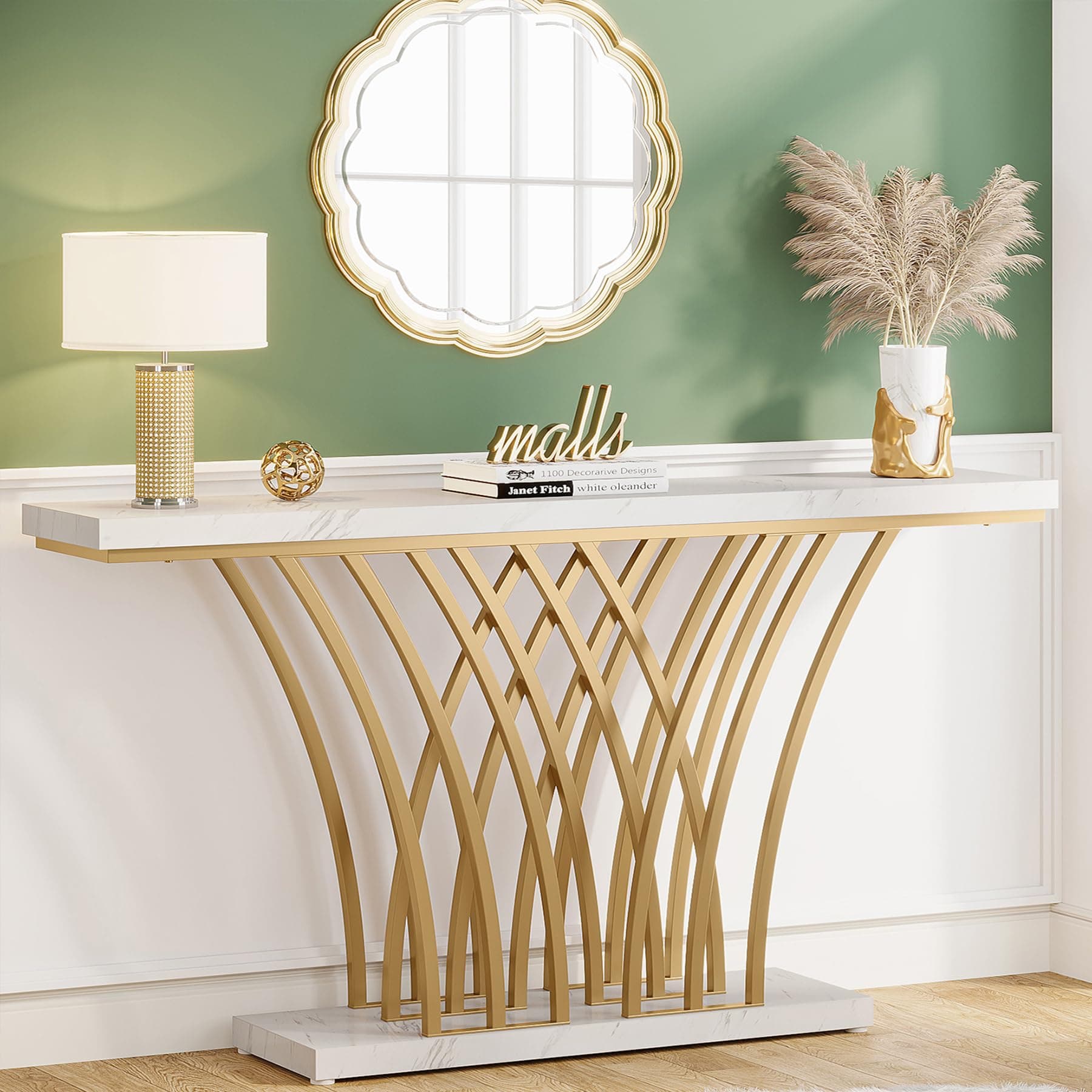 Tribesigns Gold Console Table, 150 cm Modern Entryway Table with Grid-Shaped Metal Base for Entrance, Hallway, Entryway, Living Room(White Faux Marble & Gold)