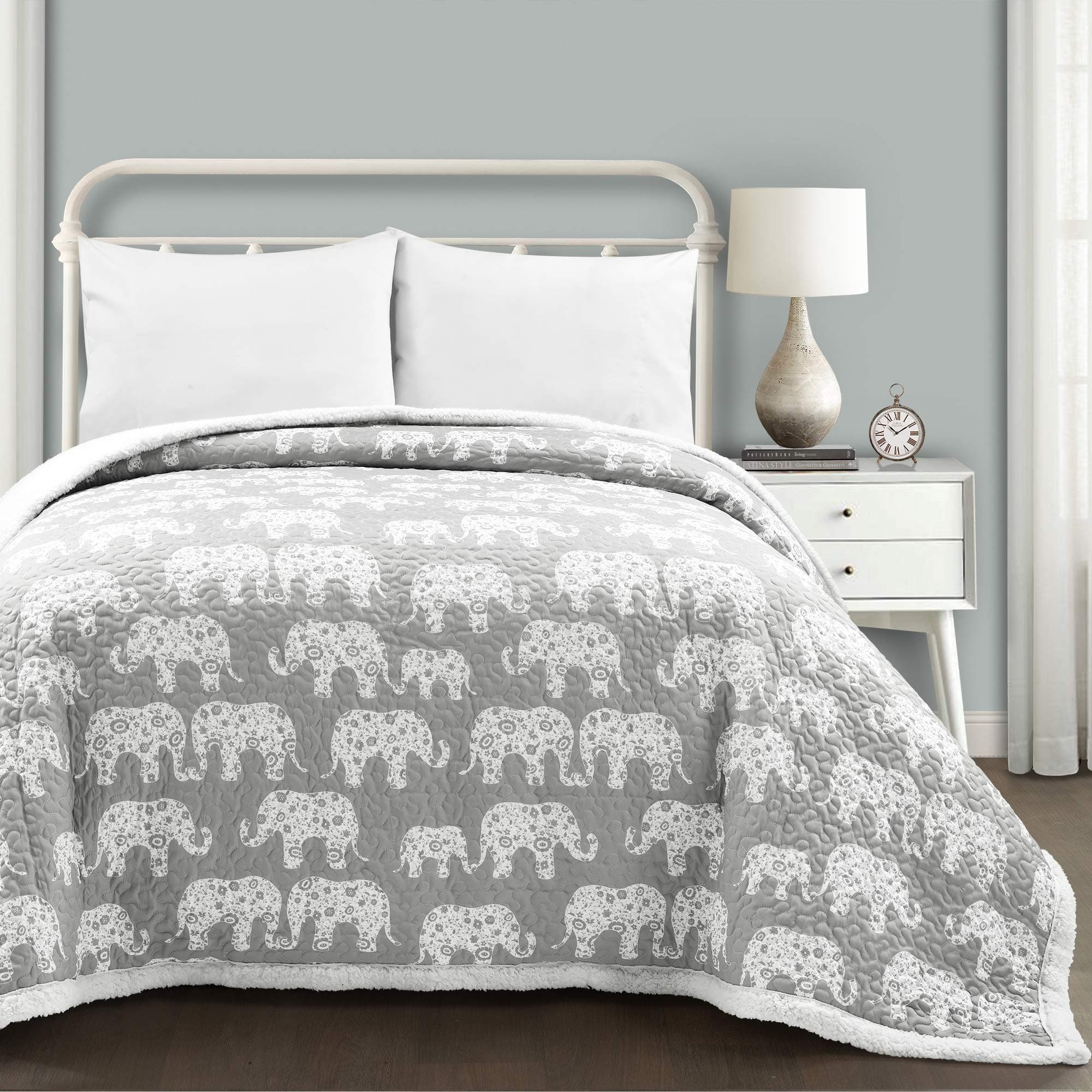 Lush Decor Elephant Parade Sherpa Throw Blanket, Full/Queen, Soft Gray - Anim...