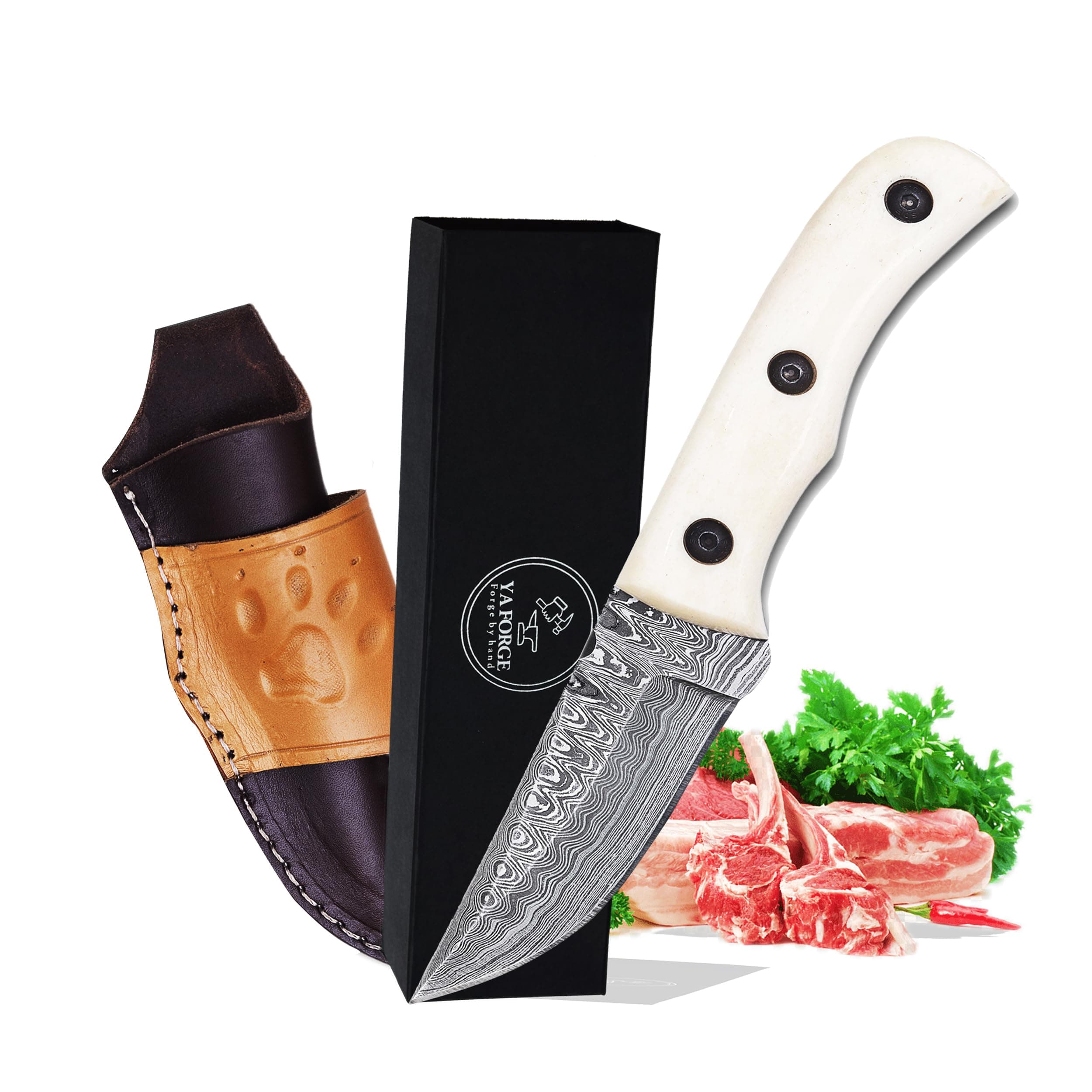 YA FORGE- 7" Hand-Forged Damascus Steel Hunting knife, Majestic Camel Bone Handle, Unyielding 3" Fixed Blade, The Ultimate Survivalist’s Bowie Knife with Exclusive Leather Sheath
