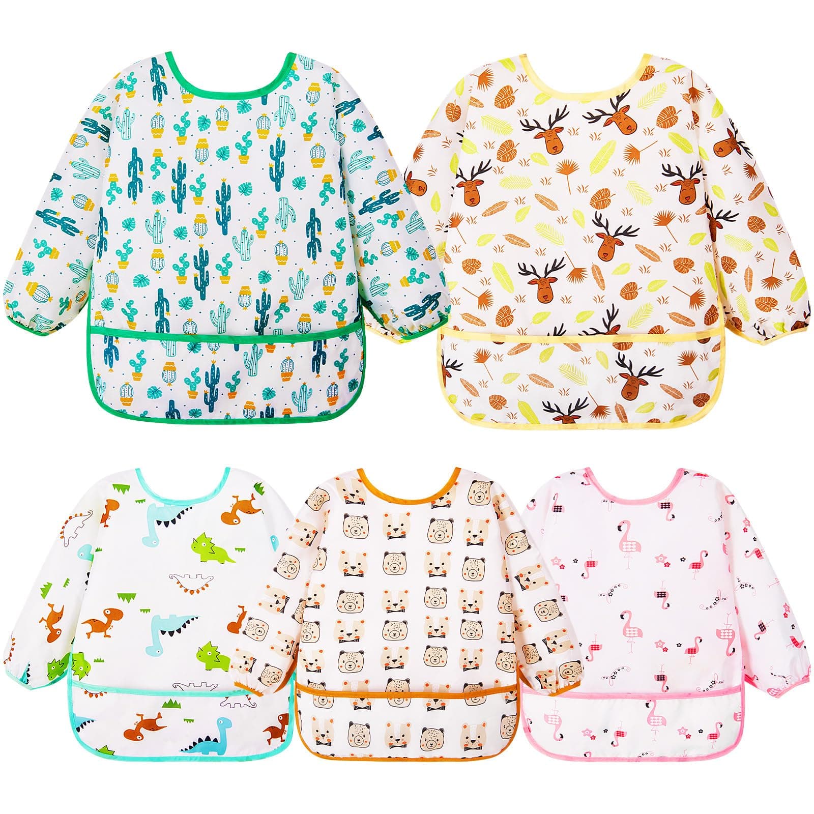 Long Sleeve Bibs 5 Pack - Baby Bibs for Girl or Boy, Reusable Infant for Feeding Teething or Weaning