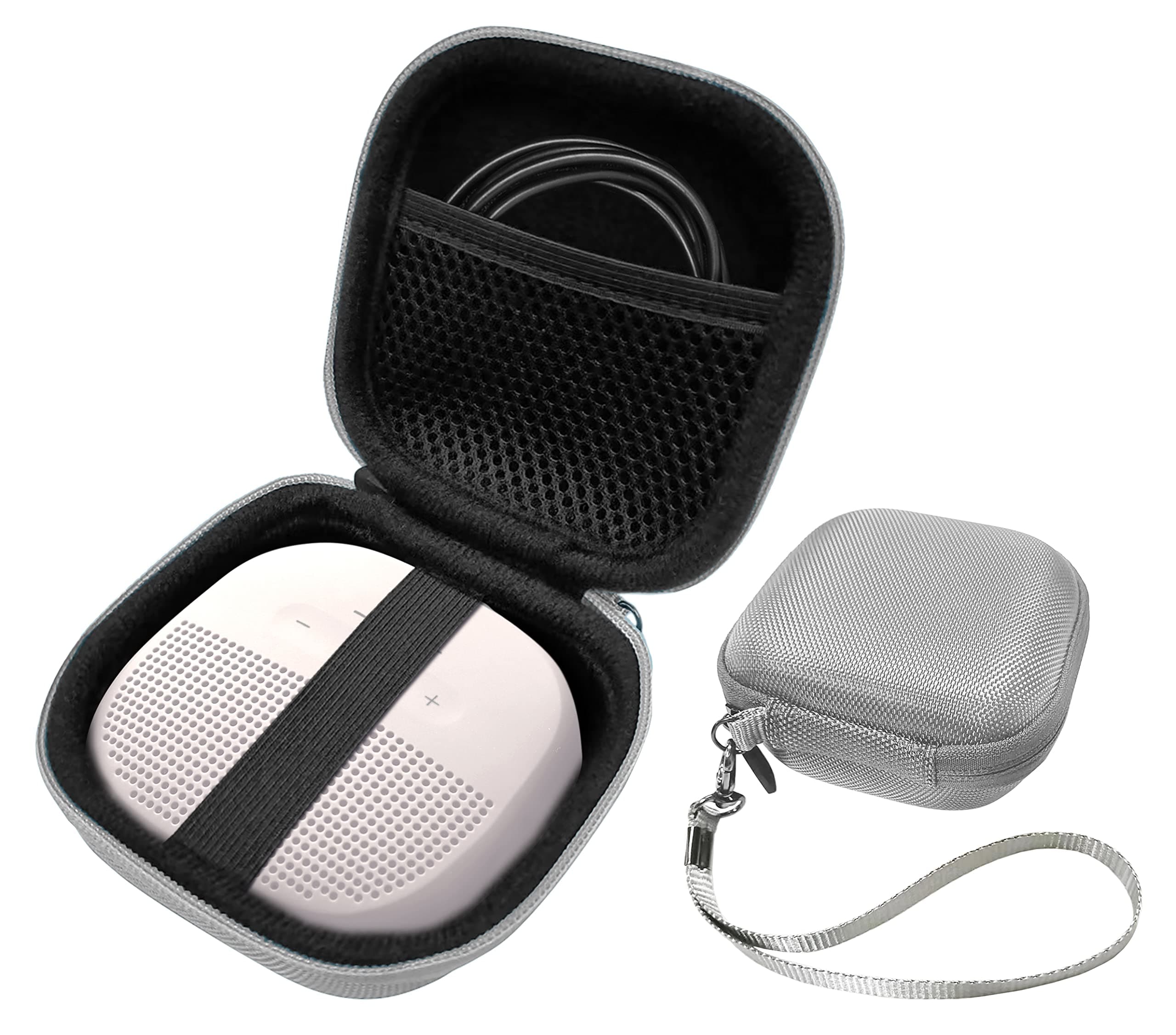 Feature Protective Case for Bose SoundLink Micro Bluetooth Speaker by WGear, Featured Design with mesh Pocket for Cable and Other Accessories, Elastic Strap to Secure Device (White Smoke case)