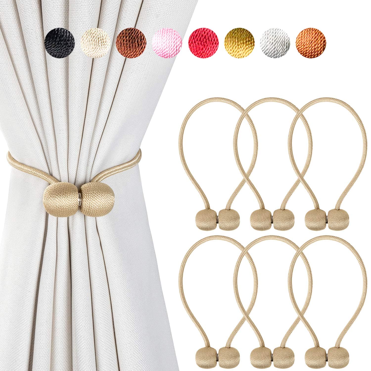 Giayouneer Curtain Tiebacks, Magnetic Curtain Buckle - 6 Pack 16 Inch Strong Magnetic Window Clips Tie Band Backs Holders, European Style Simple Modern - 3 Pairs （ Gold ）