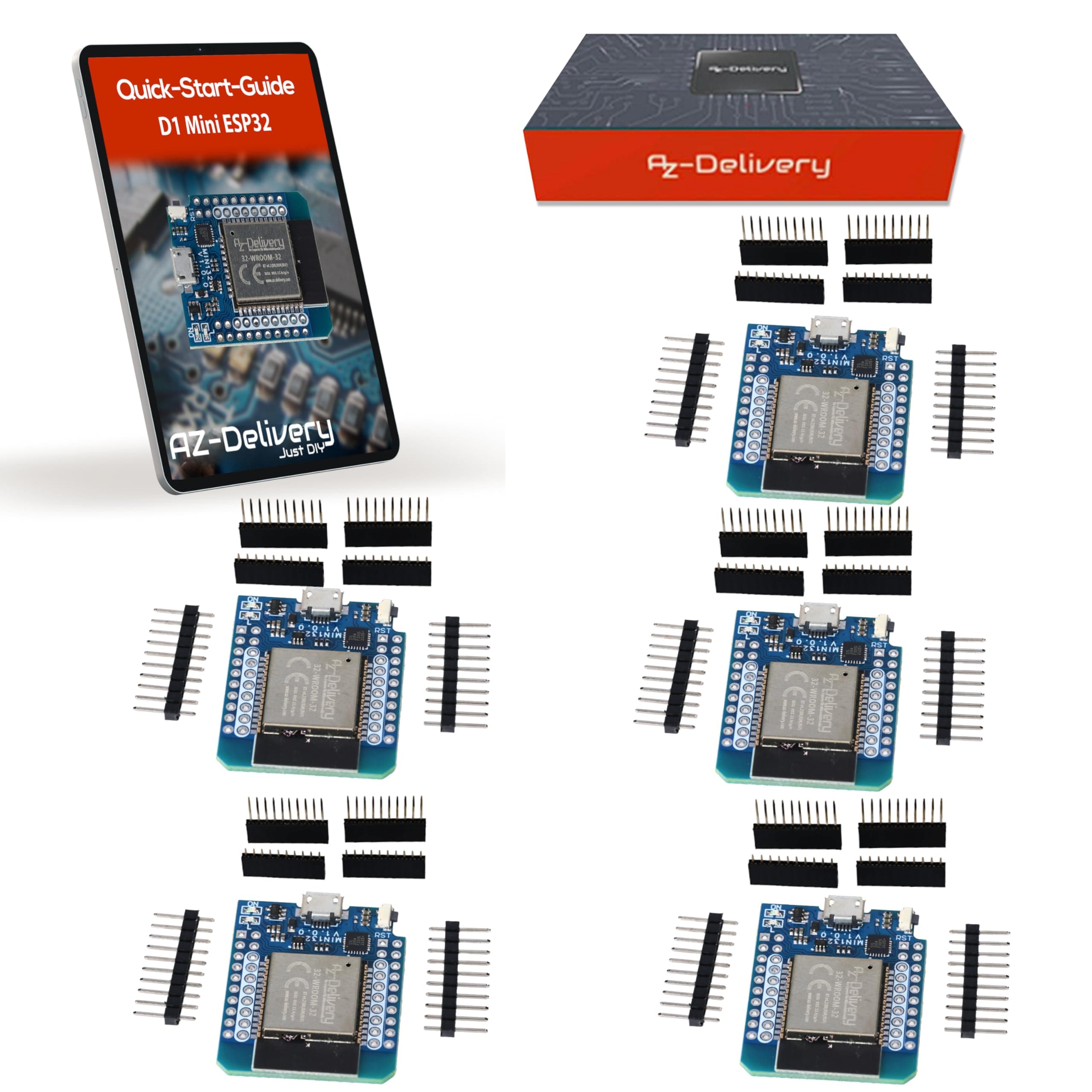 AZDelivery D1 Mini NodeMCU ESP32 ESP-WROOM-32 WLAN WiFi Bluetooth IoT Development Board 5V compatible with Arduino including E-Book! (Pack of 5)