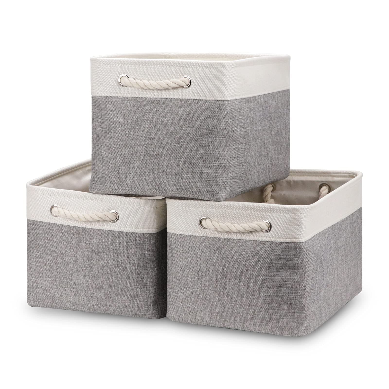 Baskets Set of 3 Storage Baskets for Organizing Large Fabric Storage Bins for Shelves Decorative Canvas Bins Collapsible Empty Baskets for Closet,Nursery,Clothes,Toys,Shoes(White&Grey)