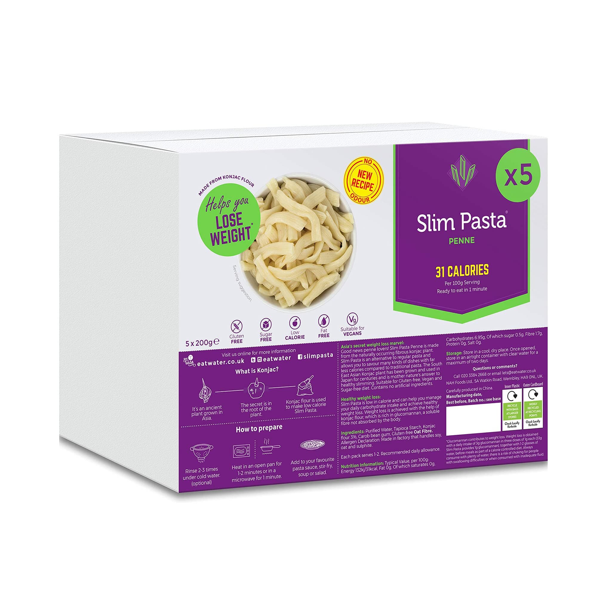 Slim Penne Pasta (Enviro Pack of 5 x 200g) Made from Konjac Flour, No Drain - Pasta with Low Carb, Low Calorie, Gluten & Fat Free, Vegan High Fibre, Keto Diet Friendly Ready to Eat Food