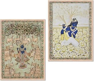 kotart Madhubani Art Framed Painting for Home, Living Room, Hall, Shrinath Ji Krishna Art Traditional Paitnings with Frame for Home Decor (Set of 2)