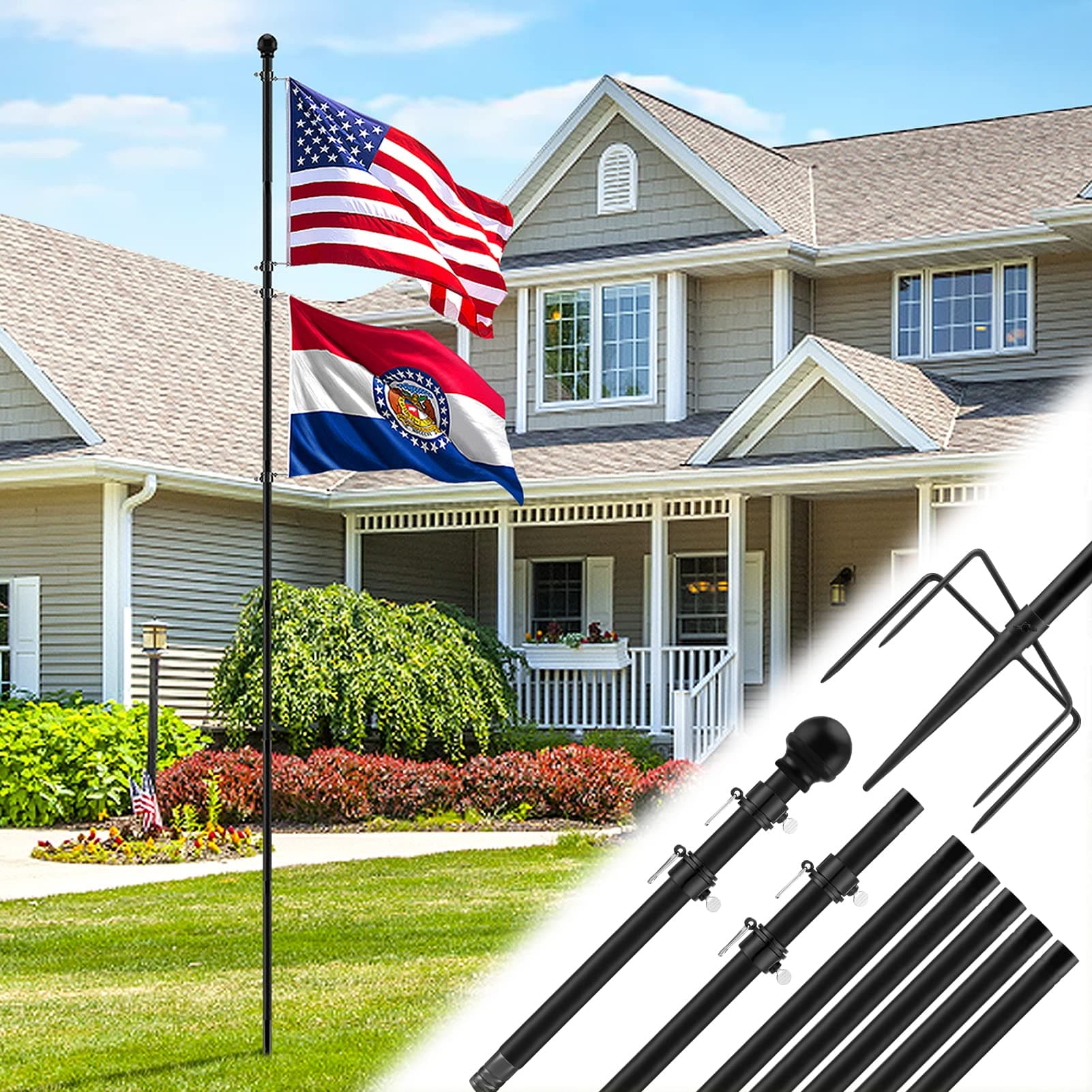 Acostop 10 FT Heavy Duty Flag Poles in Ground with 5 Prongs Base - Extra Thick Flag Pole Kit for Yard, Fit for 2 Flags, Windproof Ground FlagPoles for Residential Small Medium Lawns Temporary Event