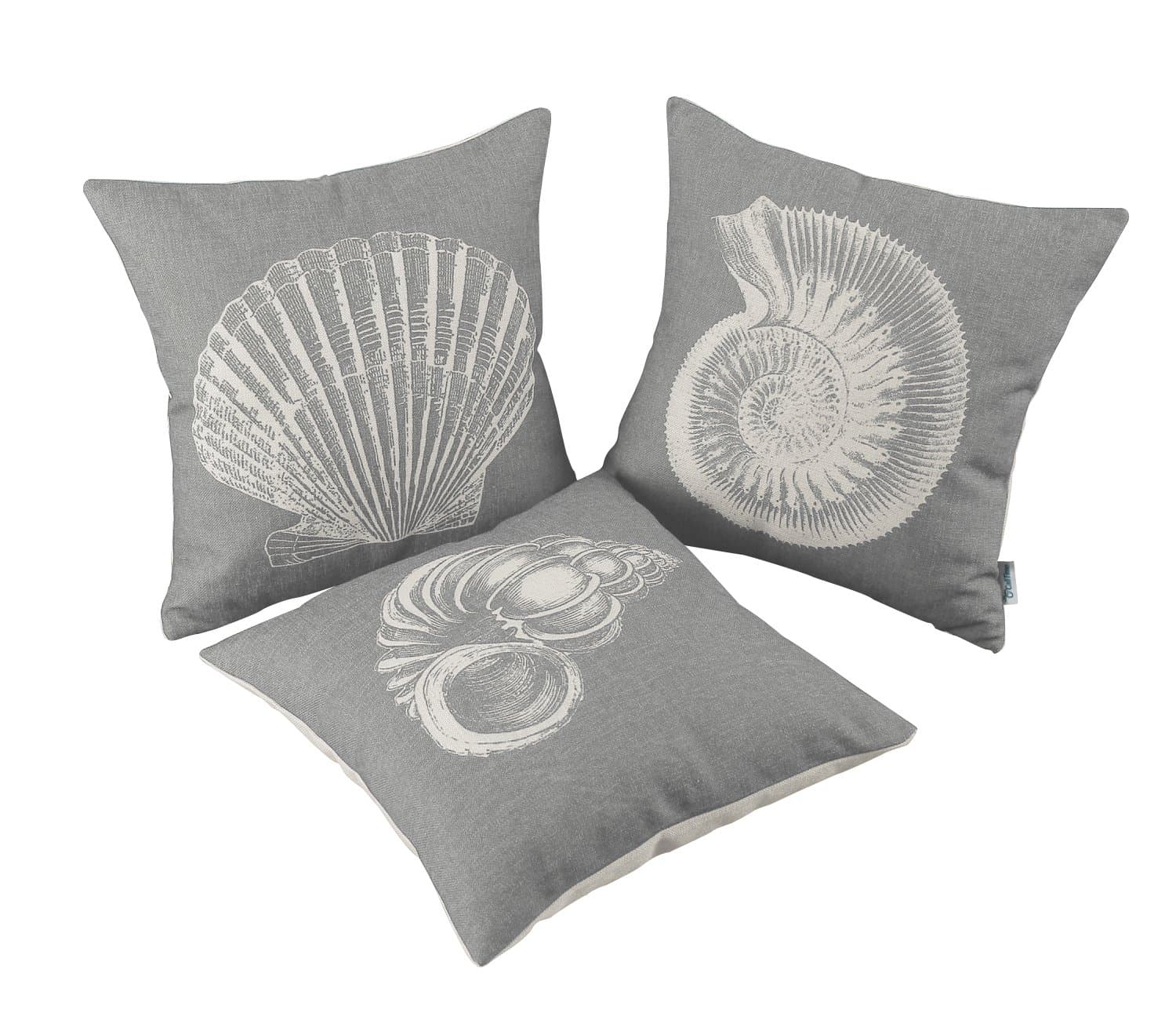 CaliTime Set of 3 Canvas Throw Pillow Covers Cases for Couch Sofa Home Decoration Mediterranean Sea Shells Print 18 X 18 Inches Medium Grey
