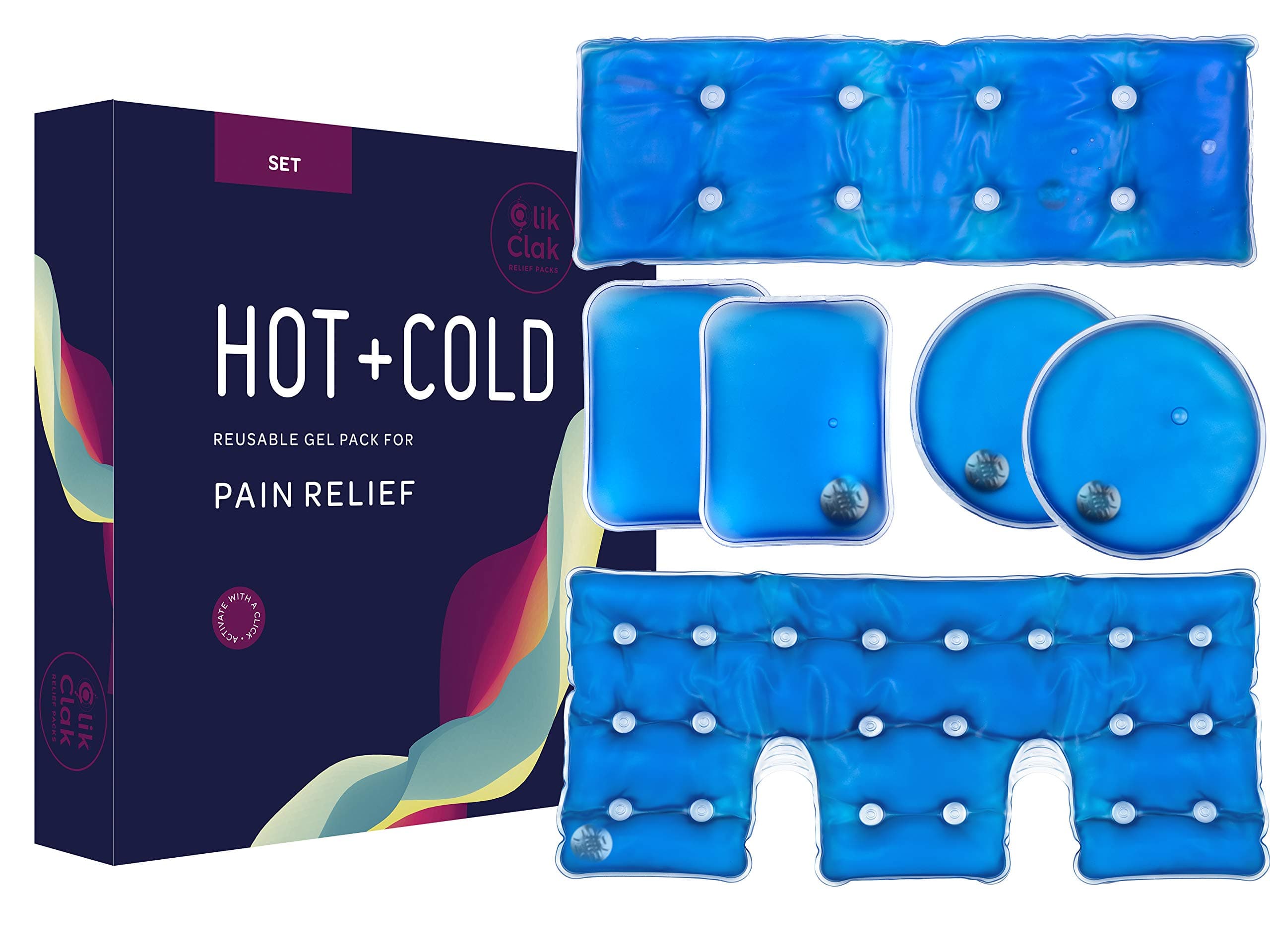 CLIK CLAK Hot and Cold Gel Pack Set - Reusable Heat Pads with Metal Disc for One Heating - Pain-Relieving, Instant Hot Packs for Back, Neck, Palm, and Shoulder - Includes Hand Warmer