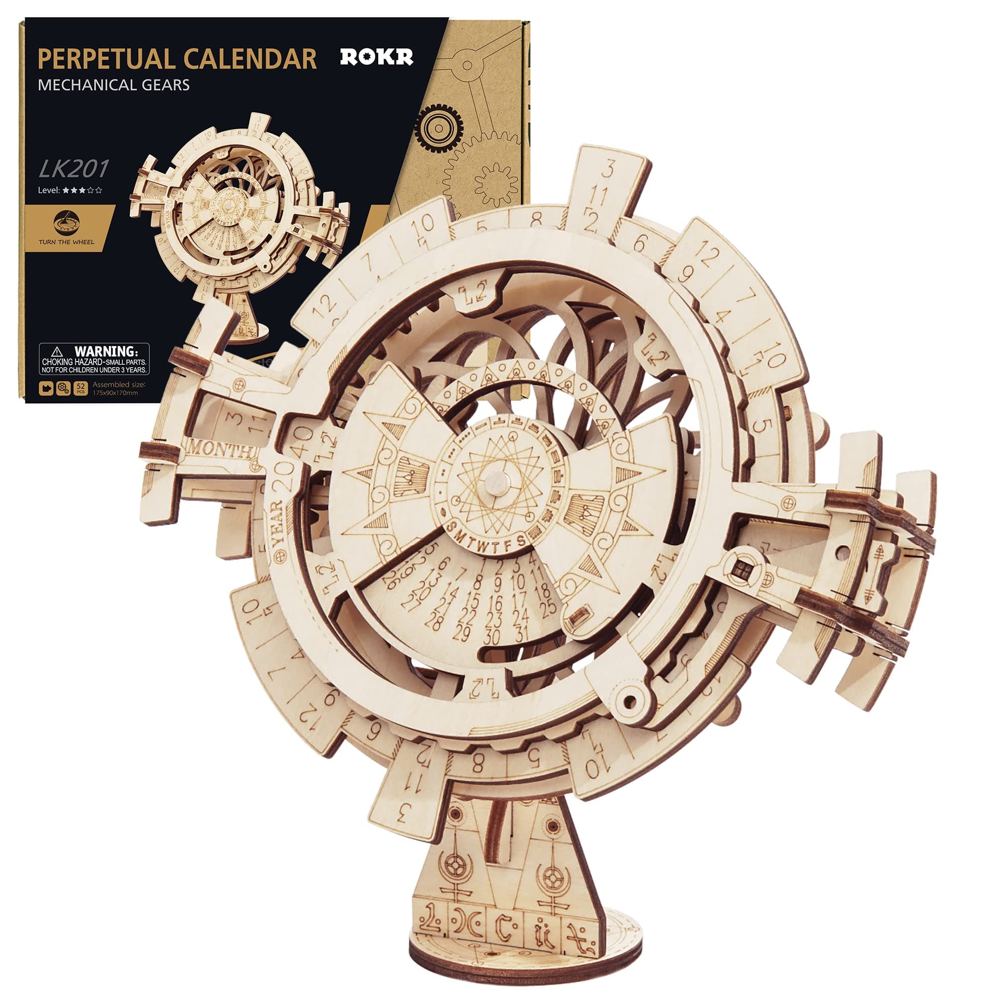 OKJ 3D Wooden Perpetual Calendar Puzzle,Mechanical Gears Toy Building Set,Brain Teaser Games,Engineering Toys,Family Wooden Craft KIT Supplies-Great Birthday for Husband Wife Adult