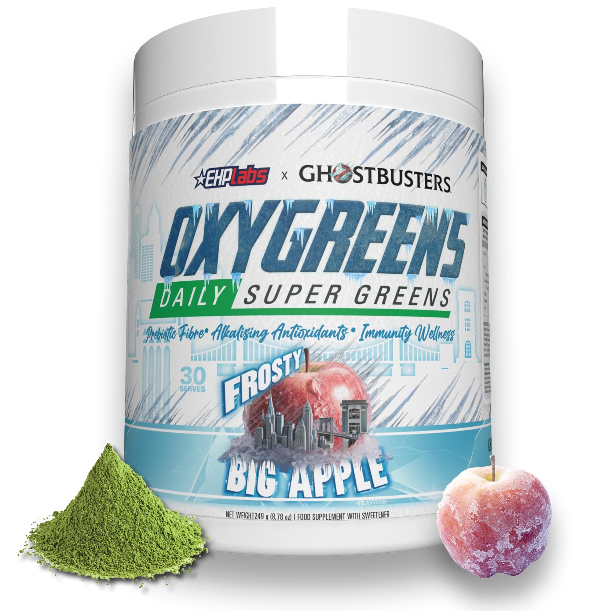 EHPlabs x Ghostbusters: Frozen Empire: OxyGreens, Super Greens Powder Superfood - Spirulina Powder & Greens Supplements with Prebiotic Fibre, Antioxidants & Immunity Support, Frosty Big Apple 30 Serve