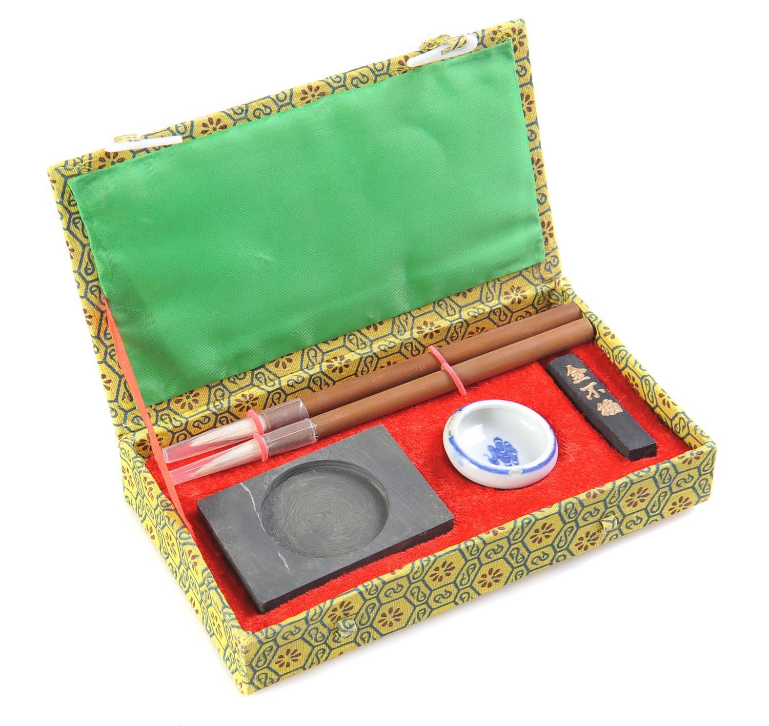 Calligrafica Basic: Set 5 Pieces in Wooden Box (2 Brushes, 1 Stone Well, 1 Ink Stone, 1 Ceramic Ink Well), Box Size: 7.1 inch x 3.94 inch x 1.18 inch, Mod. H-CGS-5-01