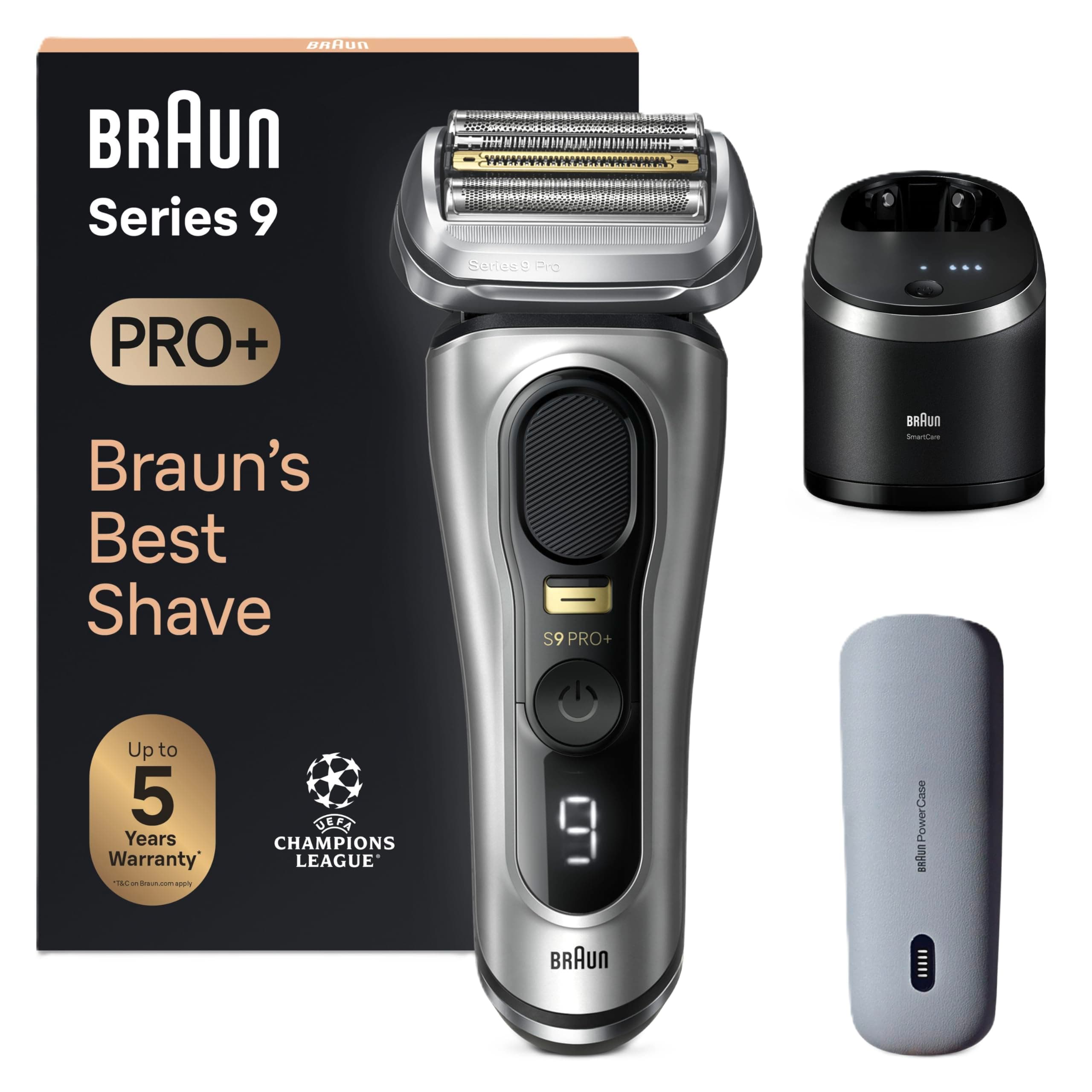 Series 9 PRO+ Electric Shaver, 5 Pro Shave Elements & Precision Long Hair Trimmer, PowerCase for Mobile Charging, Wet & Dry Electric Razor for Smooth Skin with 60min Battery Runtime